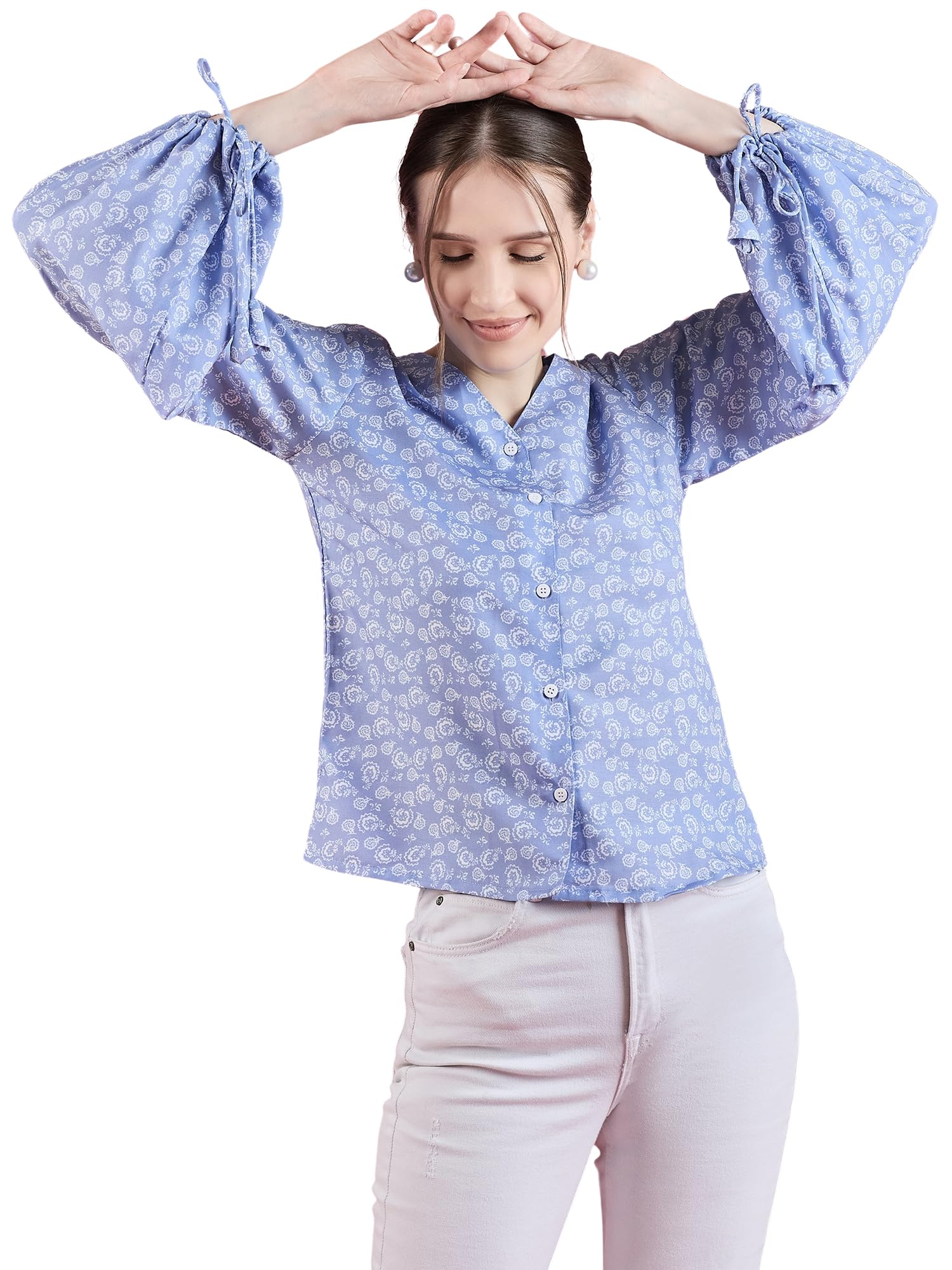 bee m pee designer Women's Firozi Poly Cotton Floral Printed Top | Hip Length with V-Neck | Full-Length Puff Sleeves | Buttoned Closure | Straight Hemline-picture-38