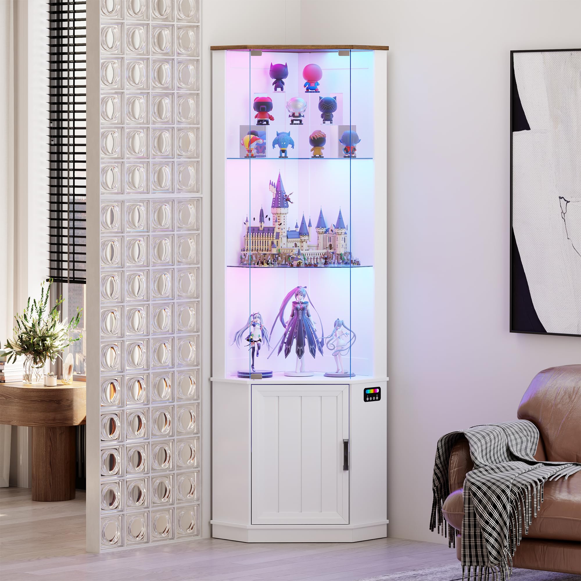 Lvifur Eckvitrine mit LED Beleuchtung und Schubladen für Sammlerstücke,Wein,3-Lagen Glasvitrine Vitrine Vitrinenschrank mit Intelligente Sensorik für Wohnzimmer,Schlafzimmer