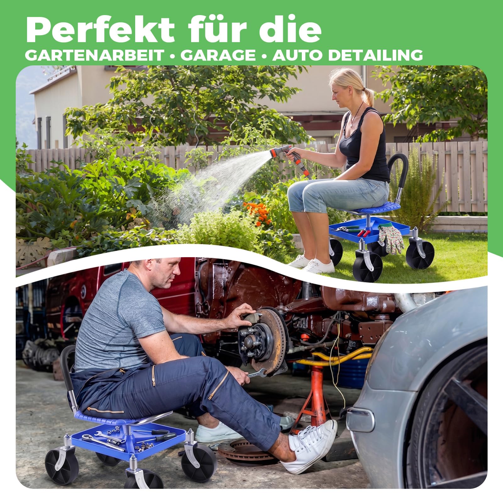 Gartensitz mit Rollen, Garten Rollsitz Gartenhocker, 360° Drehbarer | Rollbarer Gartenwagen mit Griff und Ablagefach, Höhenverstellbar, Tragkraft 150 kg, für Gartenarbeit & Autopflege