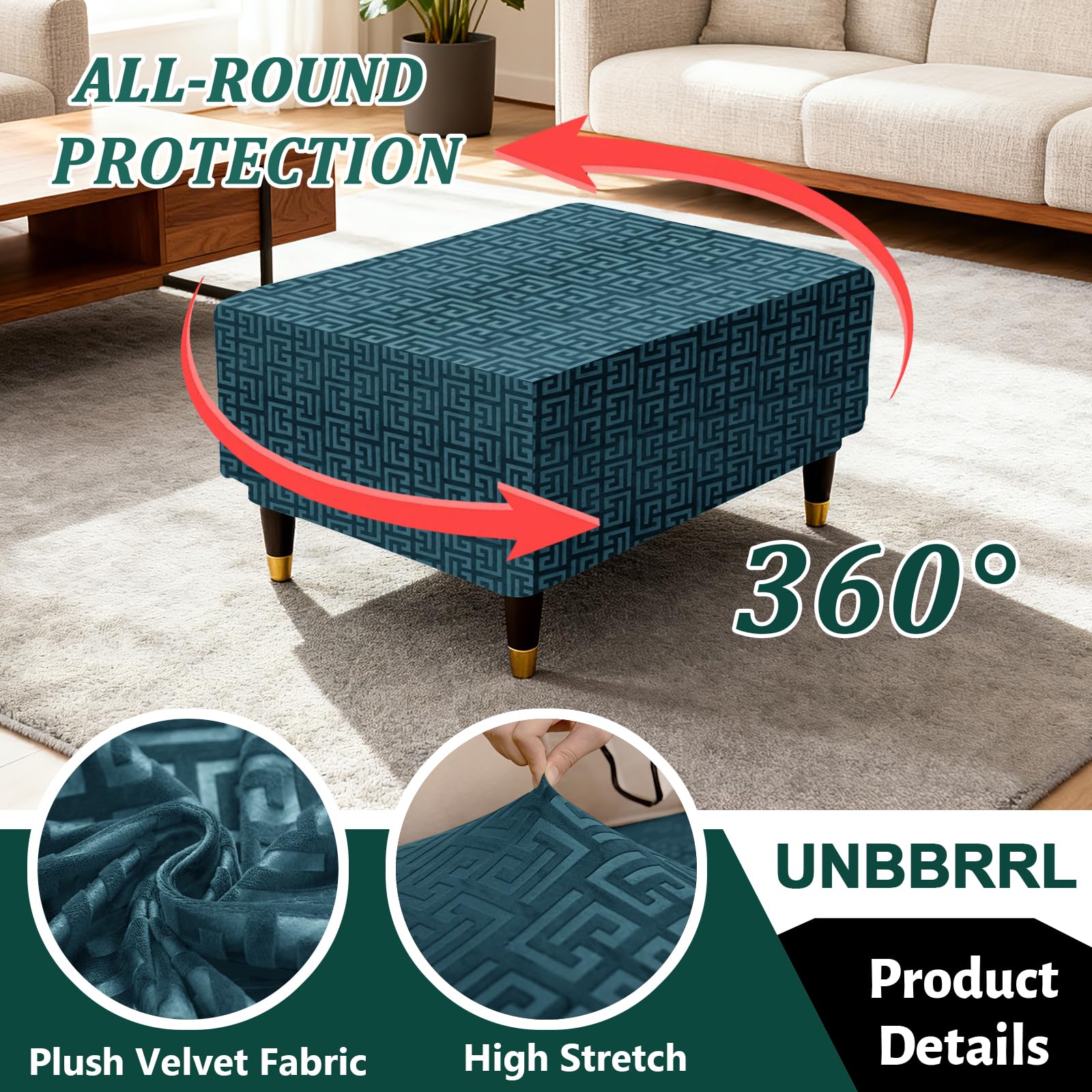 Copri Pouf Poggiapiedi Con Cuscini Seduta, Fodere Ottomana Protettive in Goffratura Velluto Per Pouf, Copri Rimovibile Per Ottomana Con 2 Ferma Lenzuola (teal,S+cushion (2pcs))
