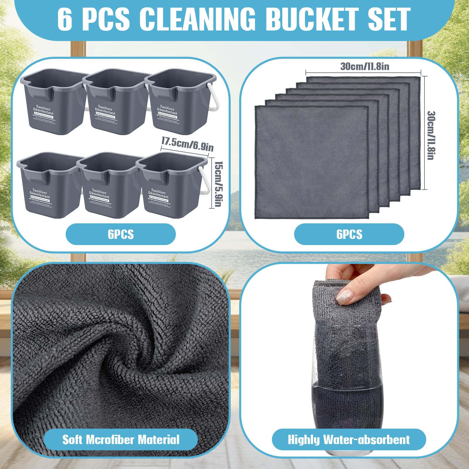 Vesici 6 juegos de cubos de limpieza de 3 cuartos con paños de limpieza de microfibra, cubo cuadrado desinfectante pequeño detergente de plástico con asa para uso doméstico, restaurante, oficina,