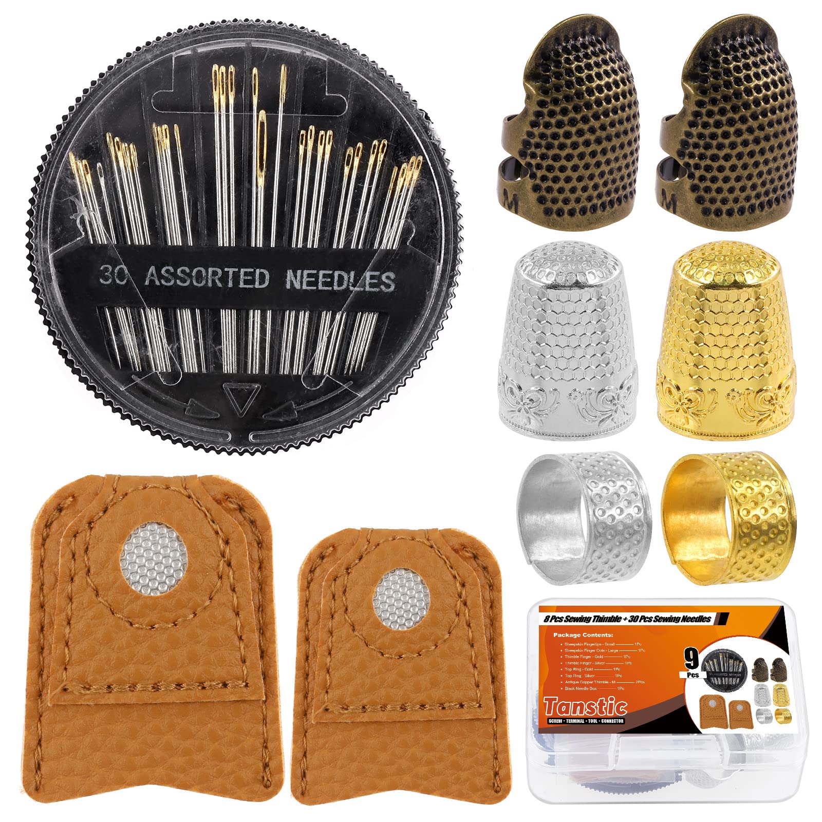 Tanstic 38Pcs Sewing Thimble Set, Sewing Thimble Finger Protector, Adjustable Metal Finger Shield Ring, Sewing Needles, Leather Coin Thimble Sewing Thimble Rings for Hand Embroidery Craft, Needlework