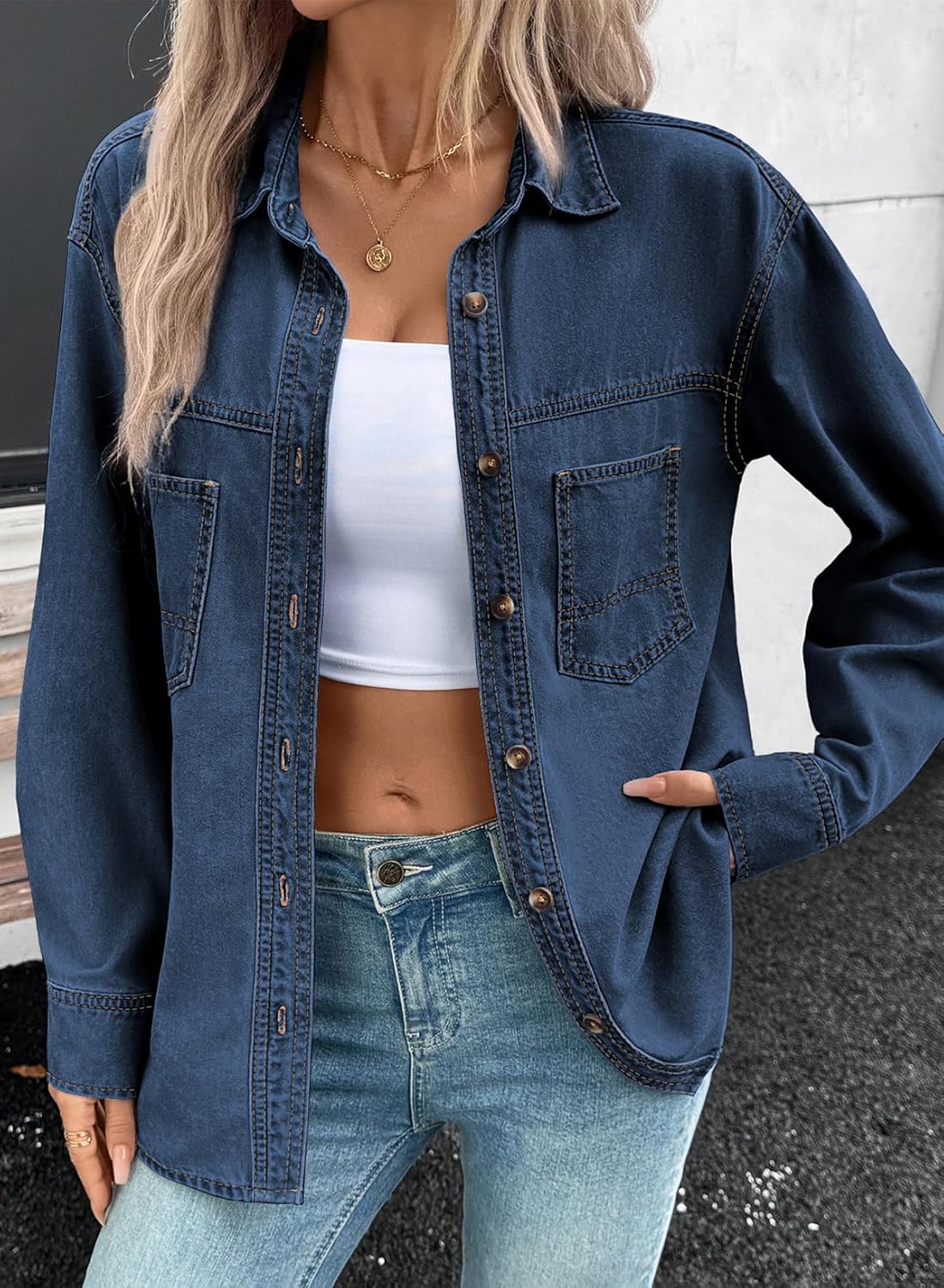 Sidefeel Women Denim Shirts Oversized Long Sleeve Button Down Blouse V Neck Casual Top Shackets - Image 4