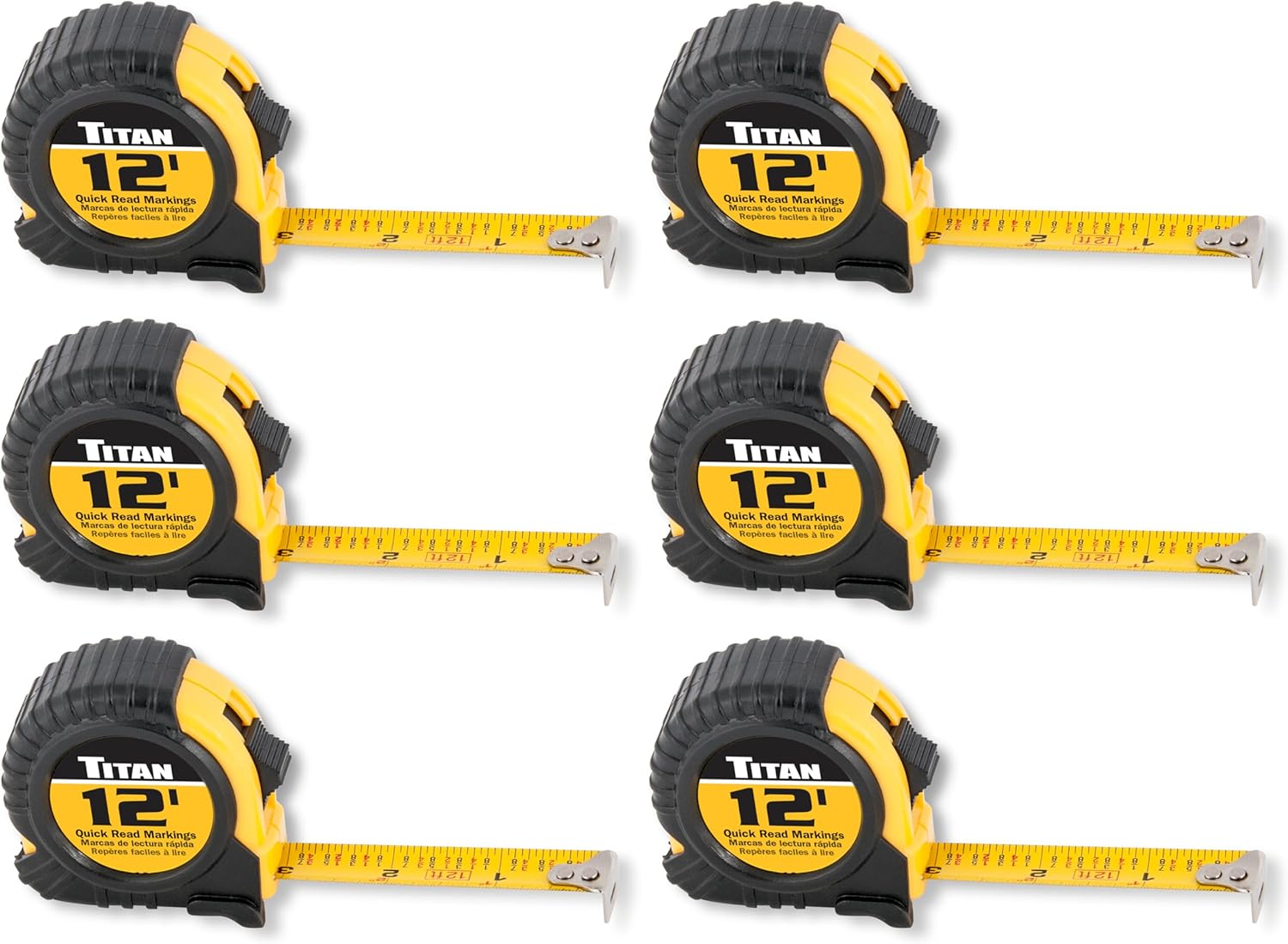 Titan 10912 6-Piece 12-Foot Tape Measure Set - Easy-Read Markings, Durable Case, Ergonomic Grip & Blade Lock