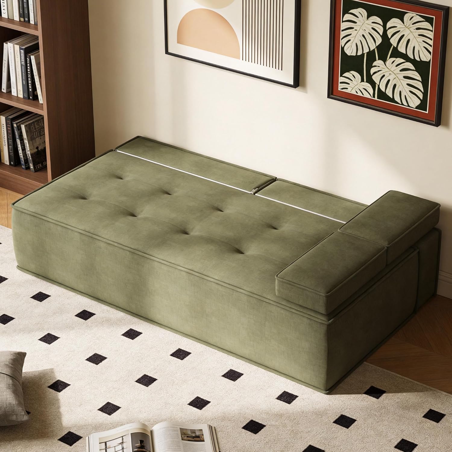 79" Convertible Sofa Bed, Modern Upholstered Sleeper Sofa with Adjustable Cushions, Tufted Seat, Space-Saving Folding Couch for Living Room, Apartment, Green