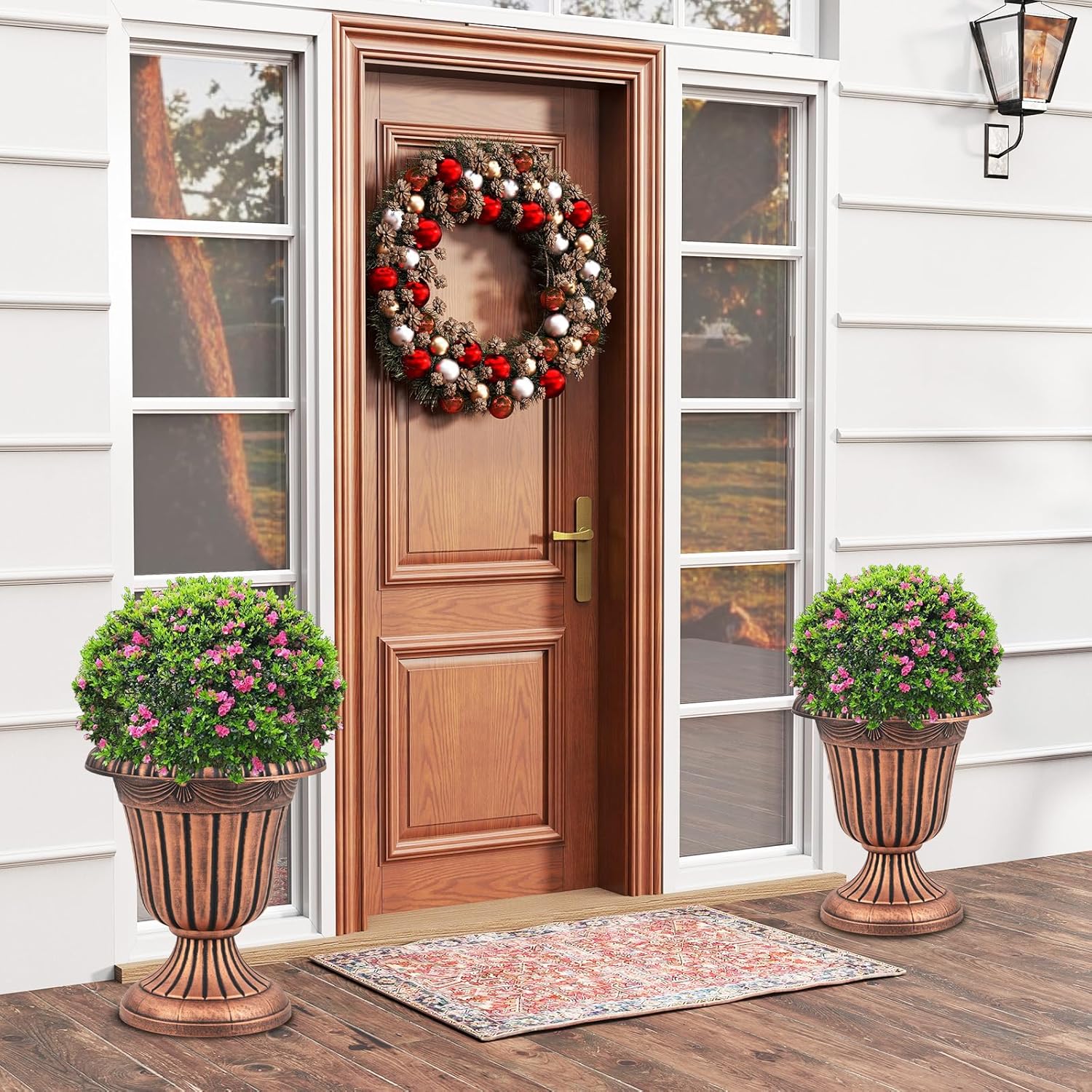 Giantex 18" Tall Vintage Planters Set of 2, Urn Plastic Flower Pots with/Pedestal Base & Pre-Marked Drain Hole, Indoor Outdoor Decorative Plant Containers for Front Porch Home Wedding, Bronze