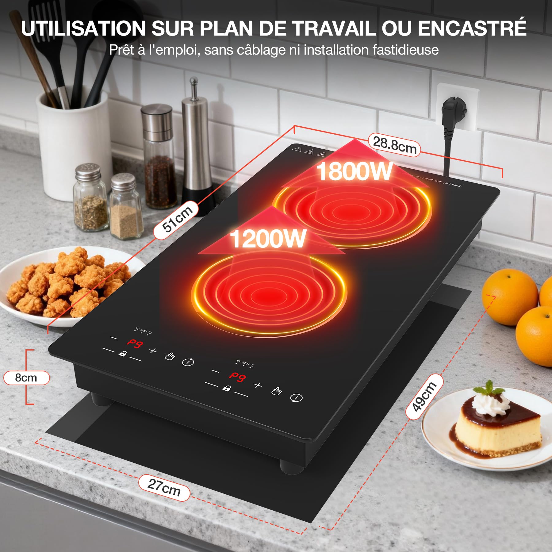 Plaque Induction 2 Feux 3000W 30cm Encastrable Pose Libre avec Minuterie Alerte Chaleur
