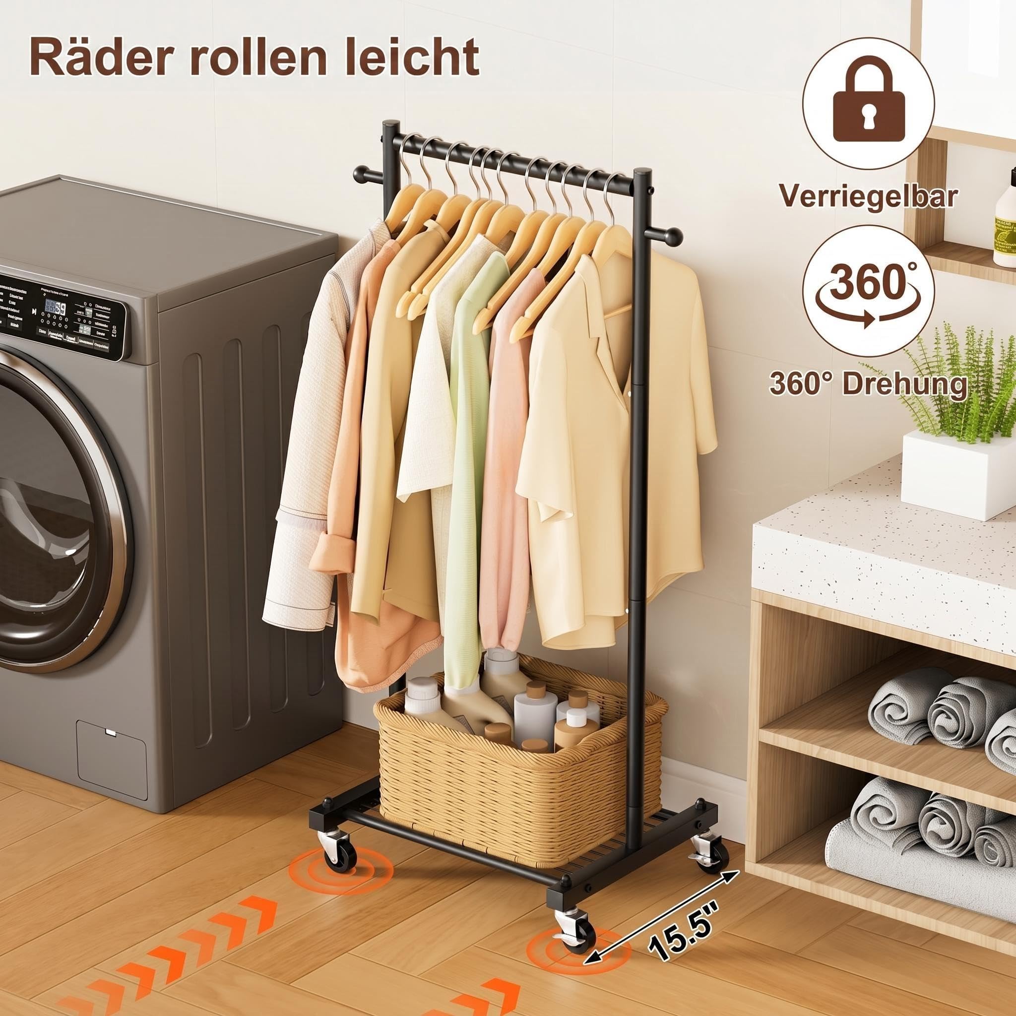 MISSLO Perchero Pequeño sobre Ruedas, Percha de Ropa de 114 cm de Ancho con Estantes, Perchero de Metal Estable para Espacios Pequeños, Armario, Guardarropa, para Adultos y Niños, Negro