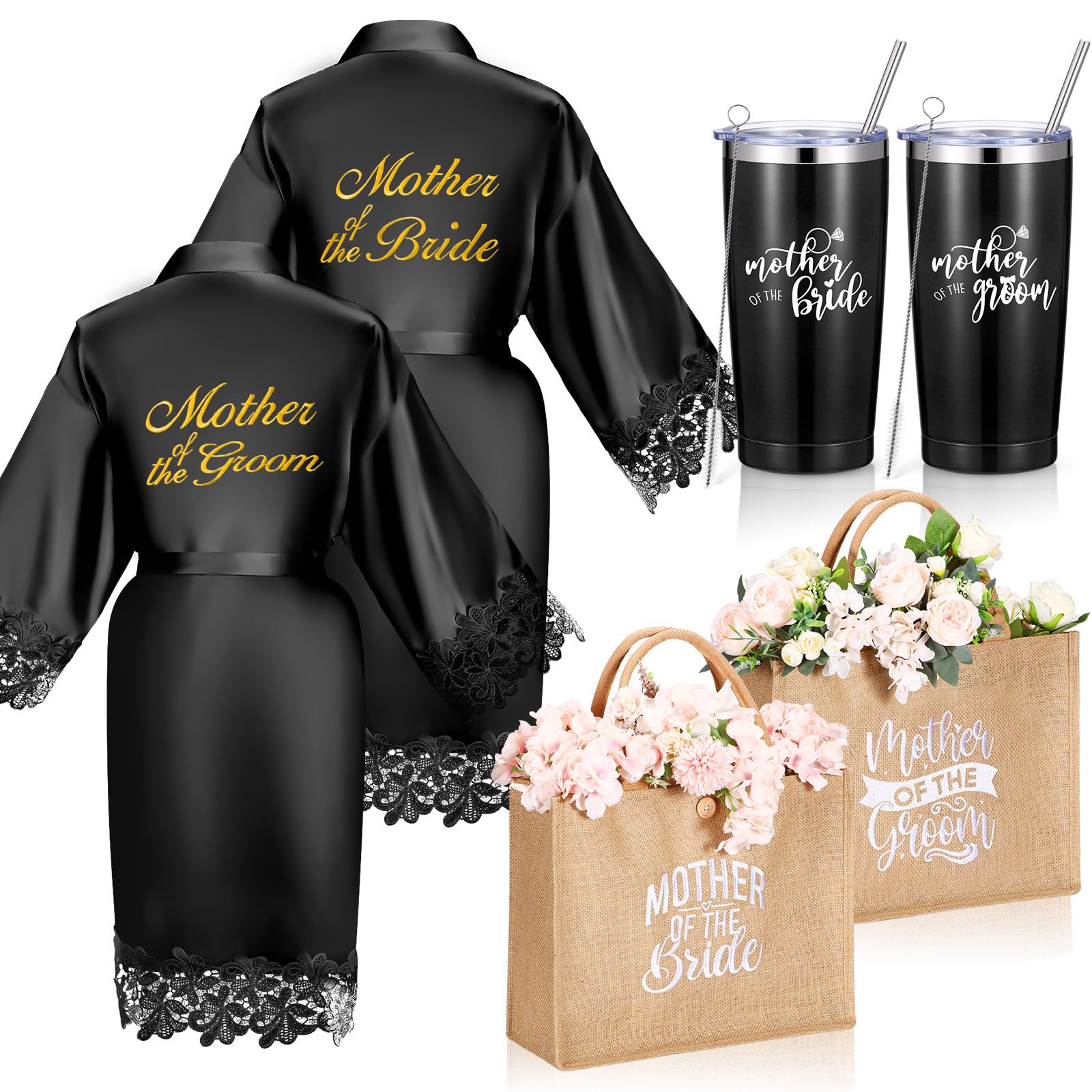 Jeyiour Juego de regalo de 6 piezas para madre de la novia y el novio, batas de satén, bolsa de mano de acero inoxidable de 20 onzas, vasos para compromiso, boda, fiesta de novia (negro)