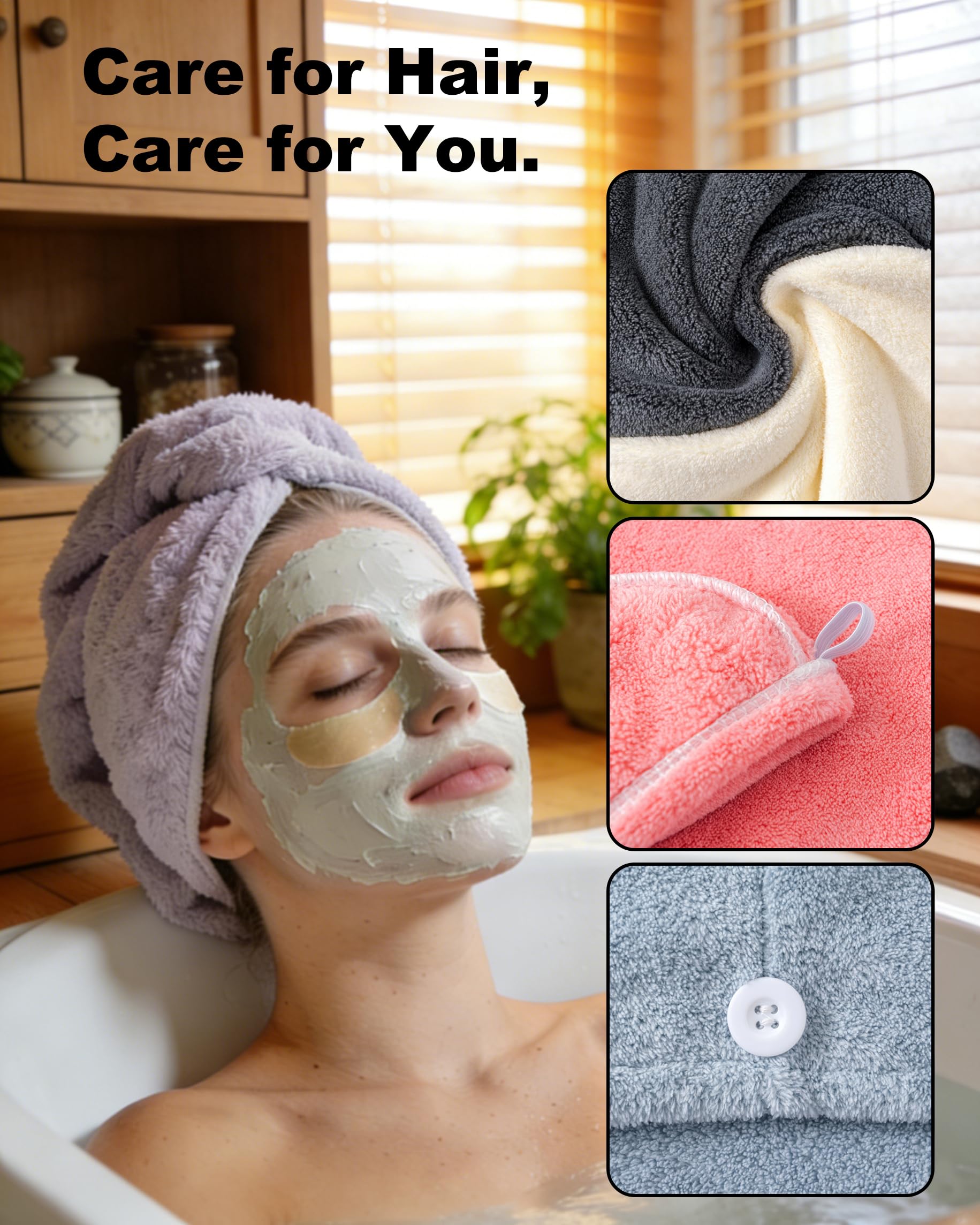 Lumimi Toalla de baño para el cabello presecado, paquete de 2 unidades, secado rápido, súper absorbente, ligera, turbante con botón de secado de cabello, envoltura de ducha, bienestar de ducha, color