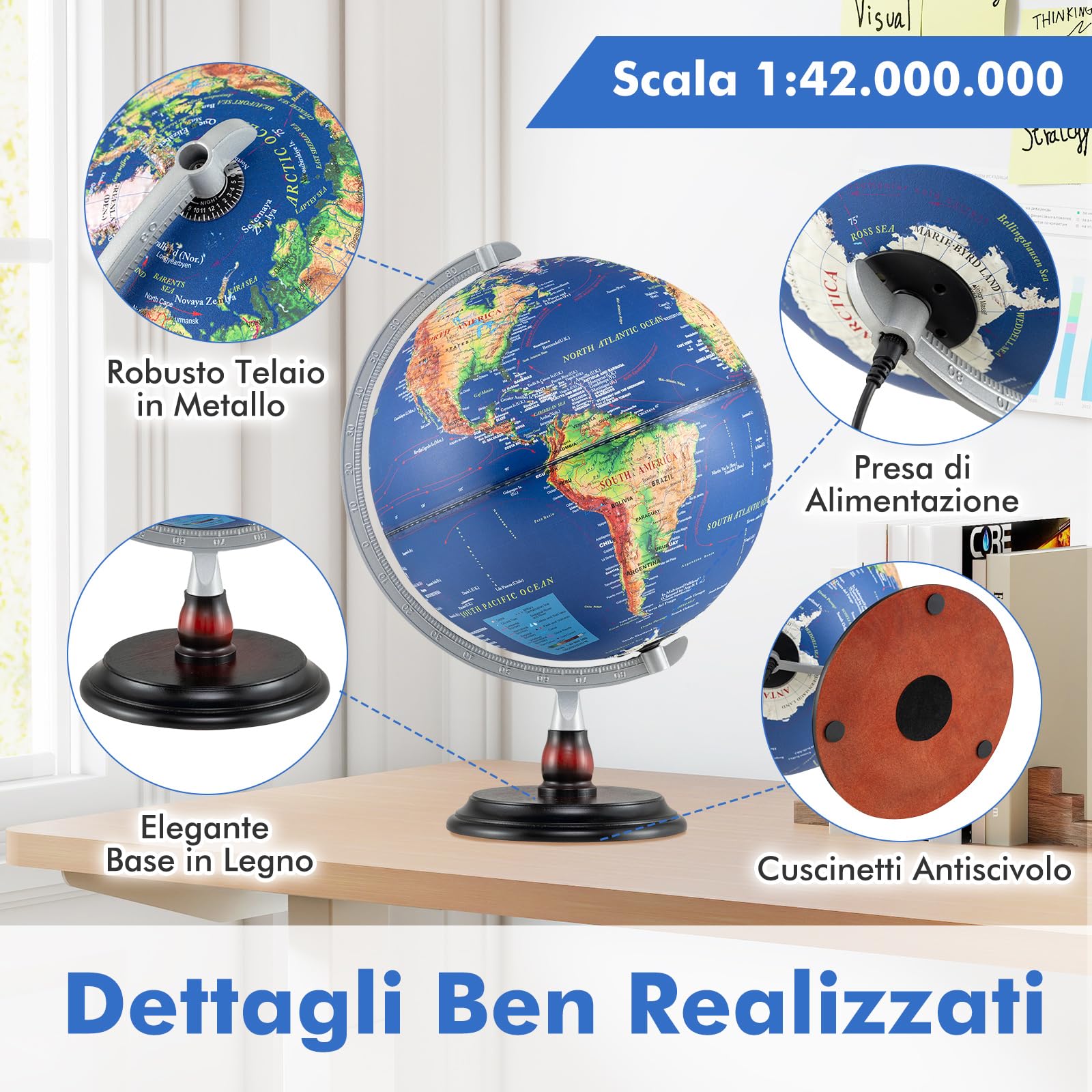 COSTWAY Mappamondo 30 cm con Luce, in l’Inglese