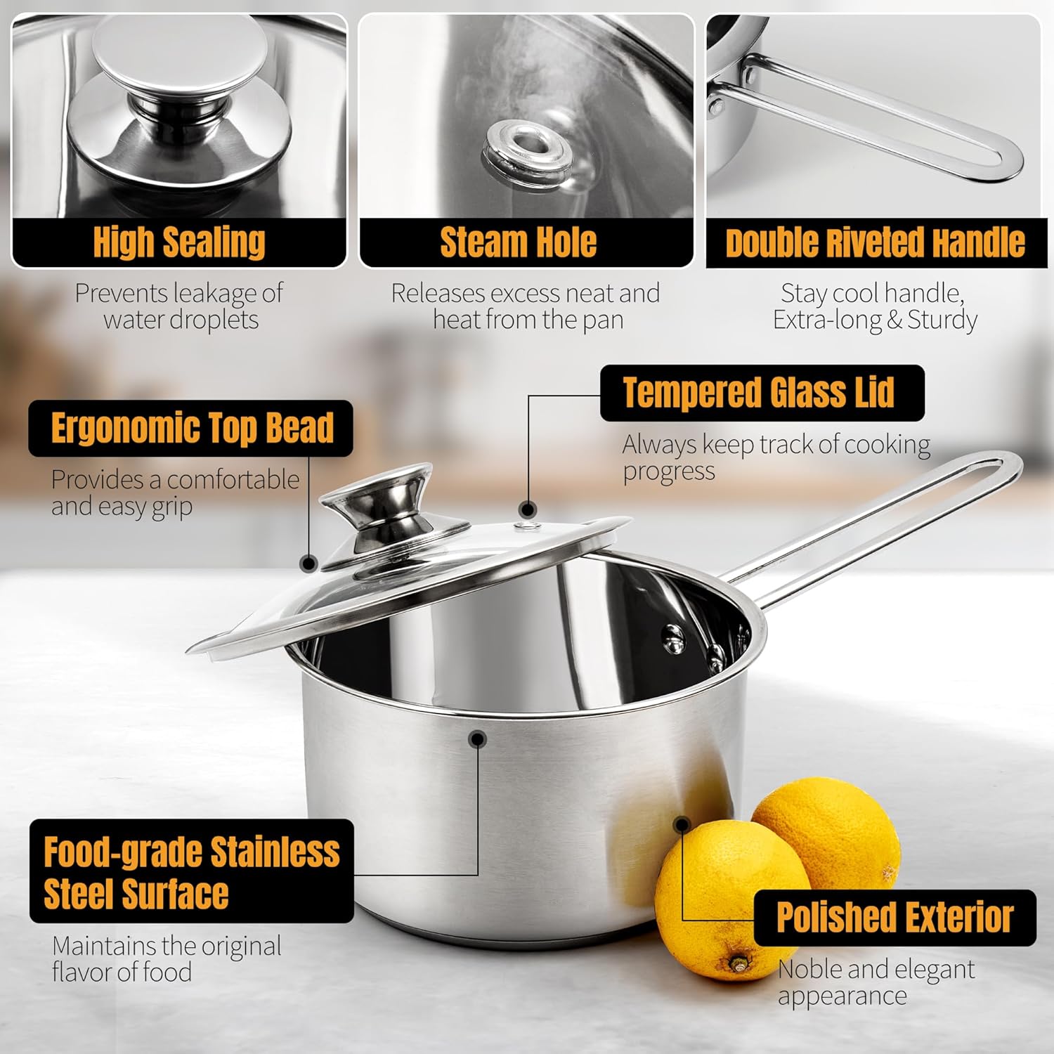 AuFranc® 2 Quart Tri-ply Stainless Steel Saucepan with Glass Lid, Induction Sauce Pan Compatible with All Cooktops, Non-Toxic Sauce Pot with Stay Cool Handle, Oven & Dishwasher Safe (Silver) - Image 3