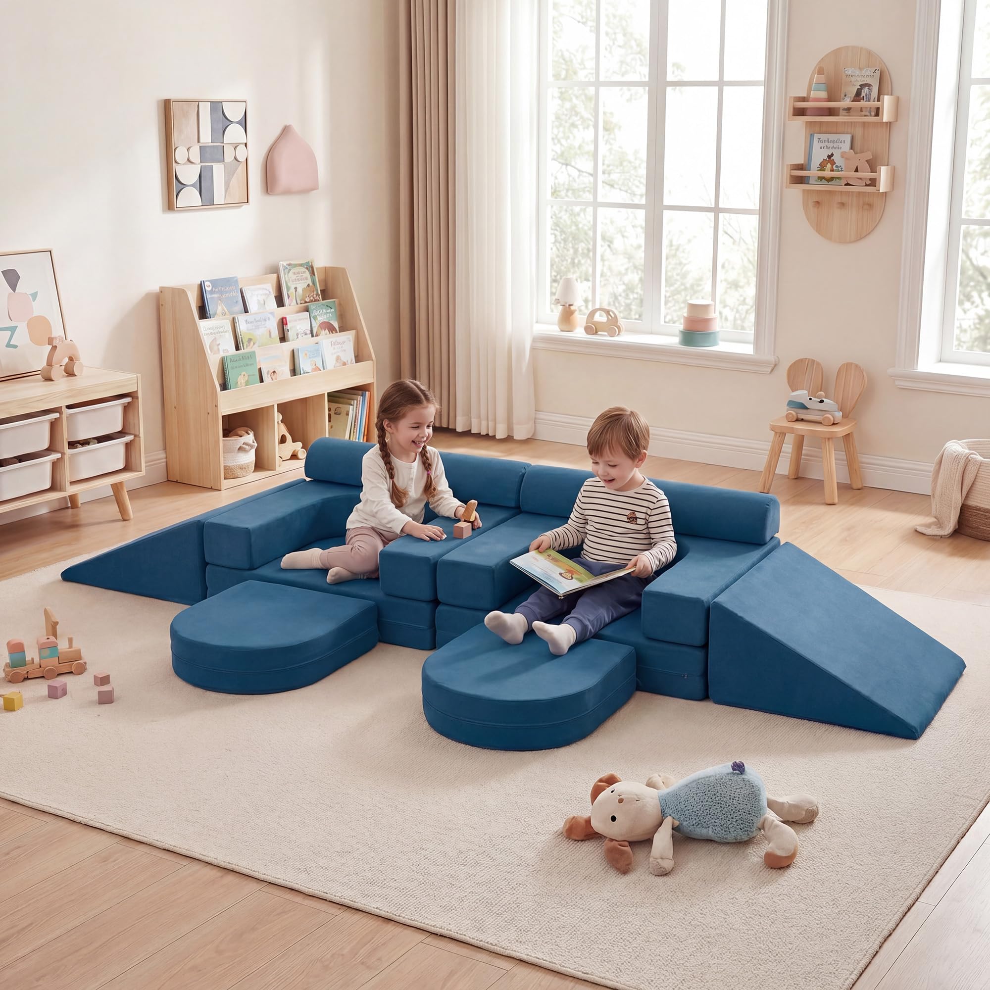 Lifezeal - Sofá infantil modular de 10 piezas, sillón infantil convertible de espuma con tejido de ante suave y fundas con cremallera lavables a máquina, sofá de juego plegable para bebé de 3 años