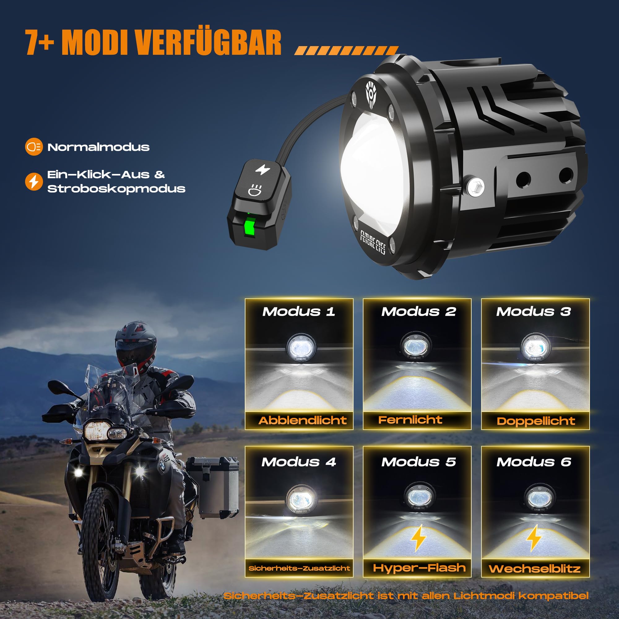 Future Eyes Motorrad LED Nebelscheinwerfer, 60W Zusatzscheinwerfer mit 360° Schwenkfunktion, Fern-/Abblendlicht, Wasserdichte Fahrlichter für Nachtfahrten, ATV, UTV und Motorrad-Scheinwerfer