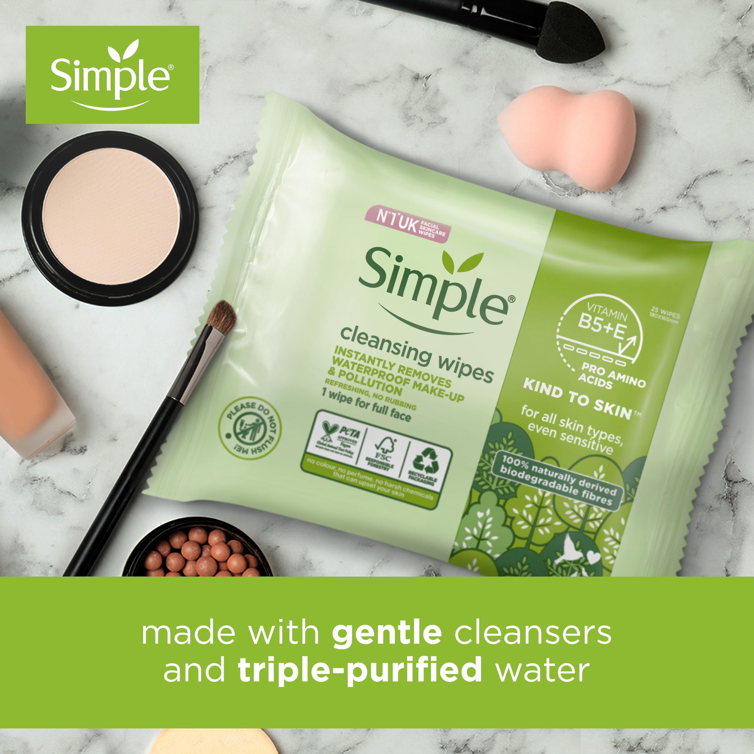 Simple Kind to Skin Bio-degradable Cleansing Wipes face wipes to remove waterproof eye make-up for sensitive skin 6x 25 wipes - Image 4