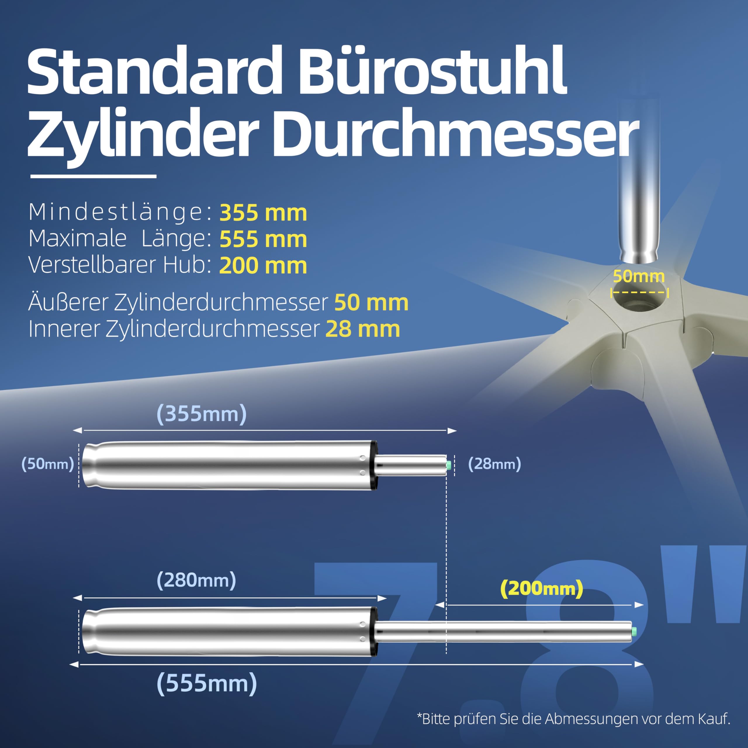 Muelle de gas extralargo, longitud total: 355 mm – 555 mm, muelle de gas alto para taburetes de bar, silla giratoria, altura regulable, hasta 450 kg, diámetro 50 mm (no apto para 1KEA y Topstar), TÜV