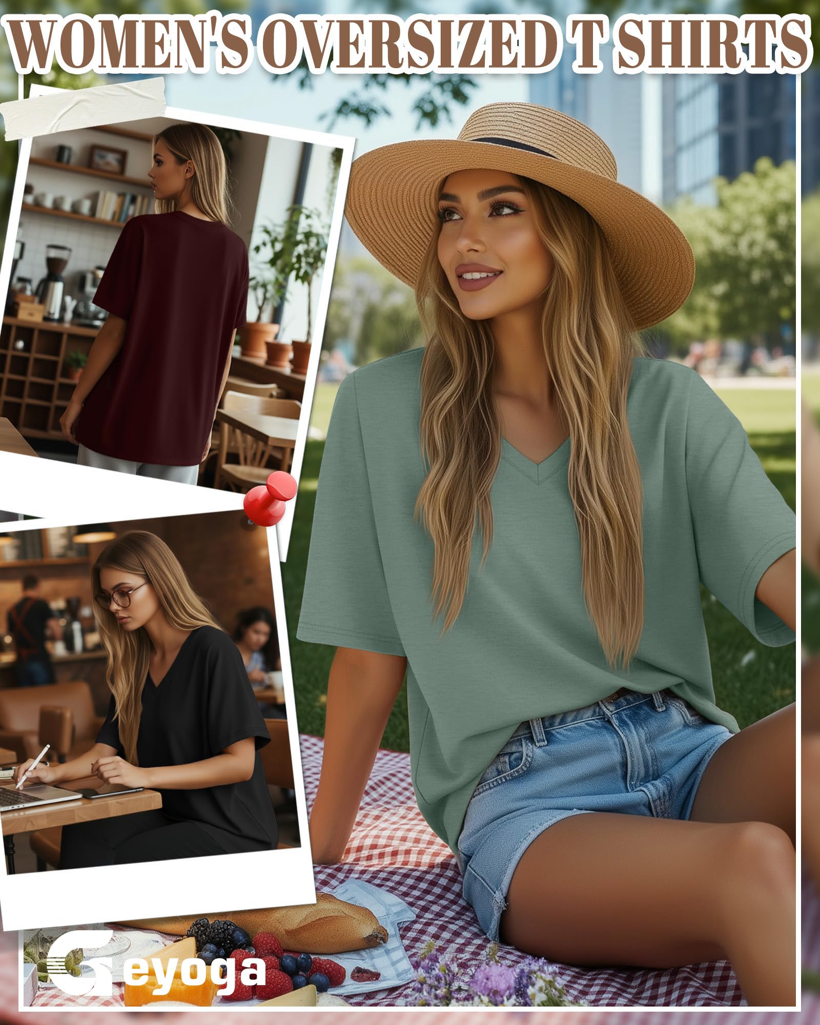 Geyoga 3er-Pack Damen-Oversize-Baumwoll-T-Shirts V-Ausschnitt Locker Geschnitten Sport-T-Shirts Kurzarm-Oberteile