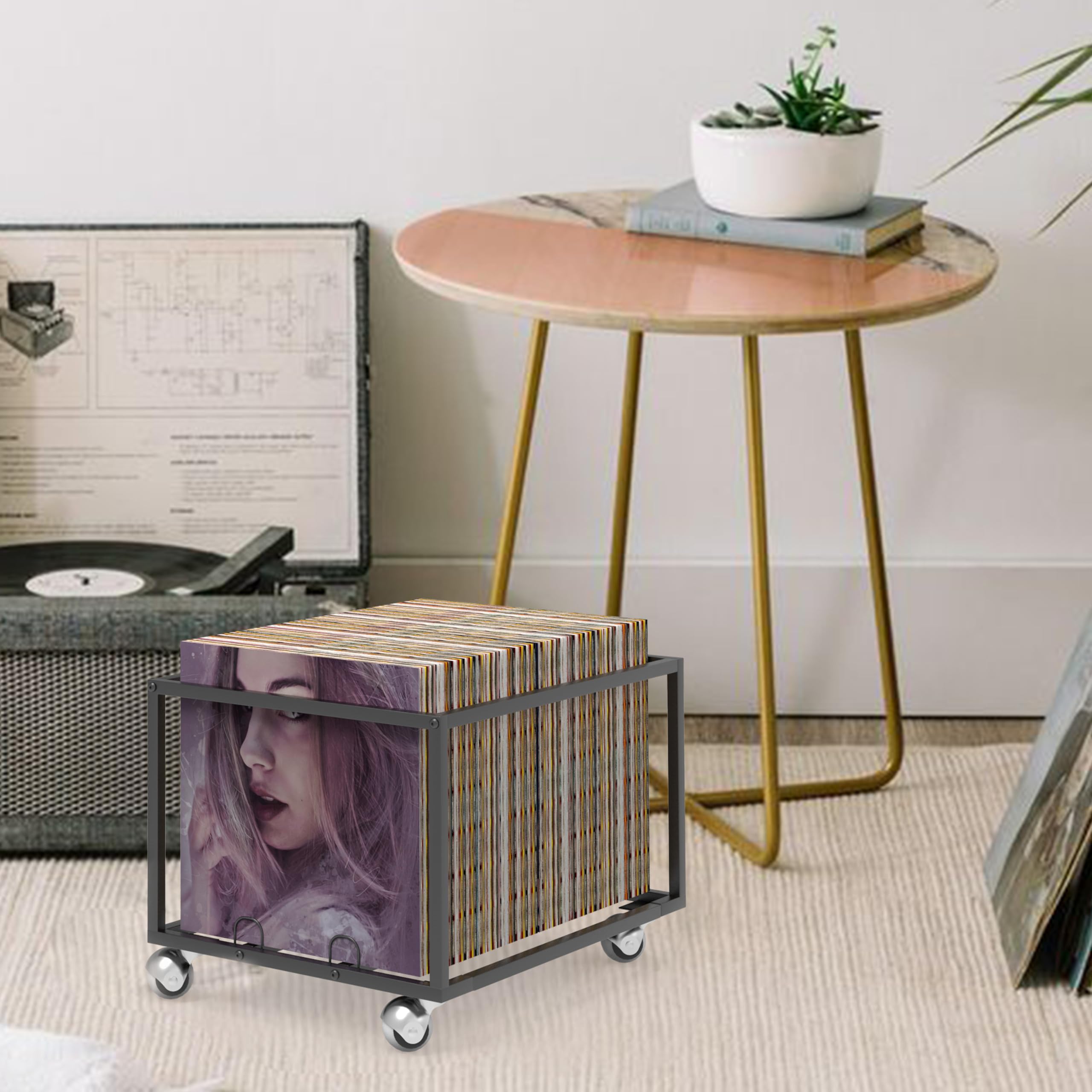 Schallplattenaufbewahrung auf Rädern, stabile Metallstruktur, hält bis zu 100 Alben, stilvoller Organizer für Ihre Vinyl-Sammlung