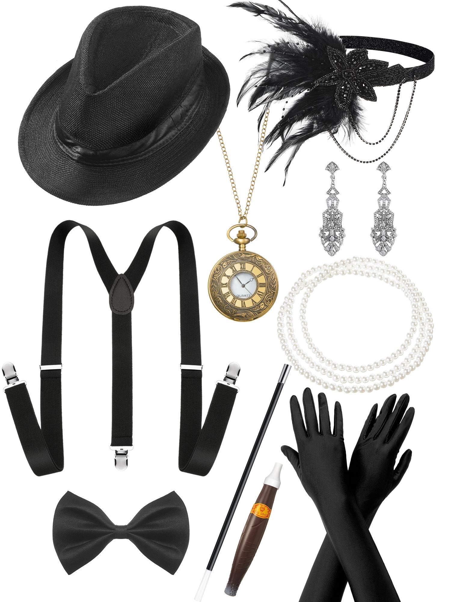 KASTWAVE Party Dress Up Set, 1920s Accessories for Men, Roaring 20s Costumes for Men, Great Gatsby Costume Men, 1920 Mens Clothing Gatsby Black