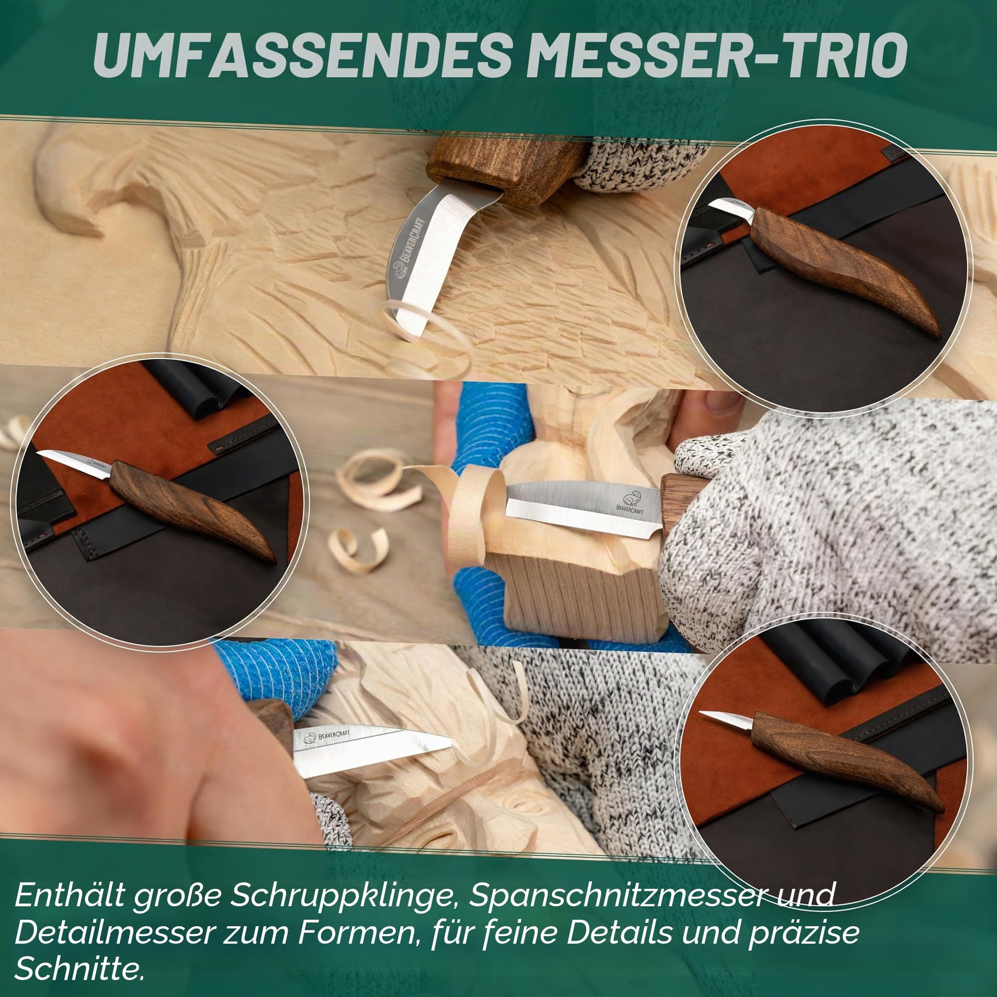 BeaverCraft Holzschnitzset Deluxe Holzschnitzmesser Set S15X - Holz Schnitzwerkzeug und Leder Streichriemen zum Schärfen mit Poliermittel - Schnitzmessern, Hohlbeitel, Meißel