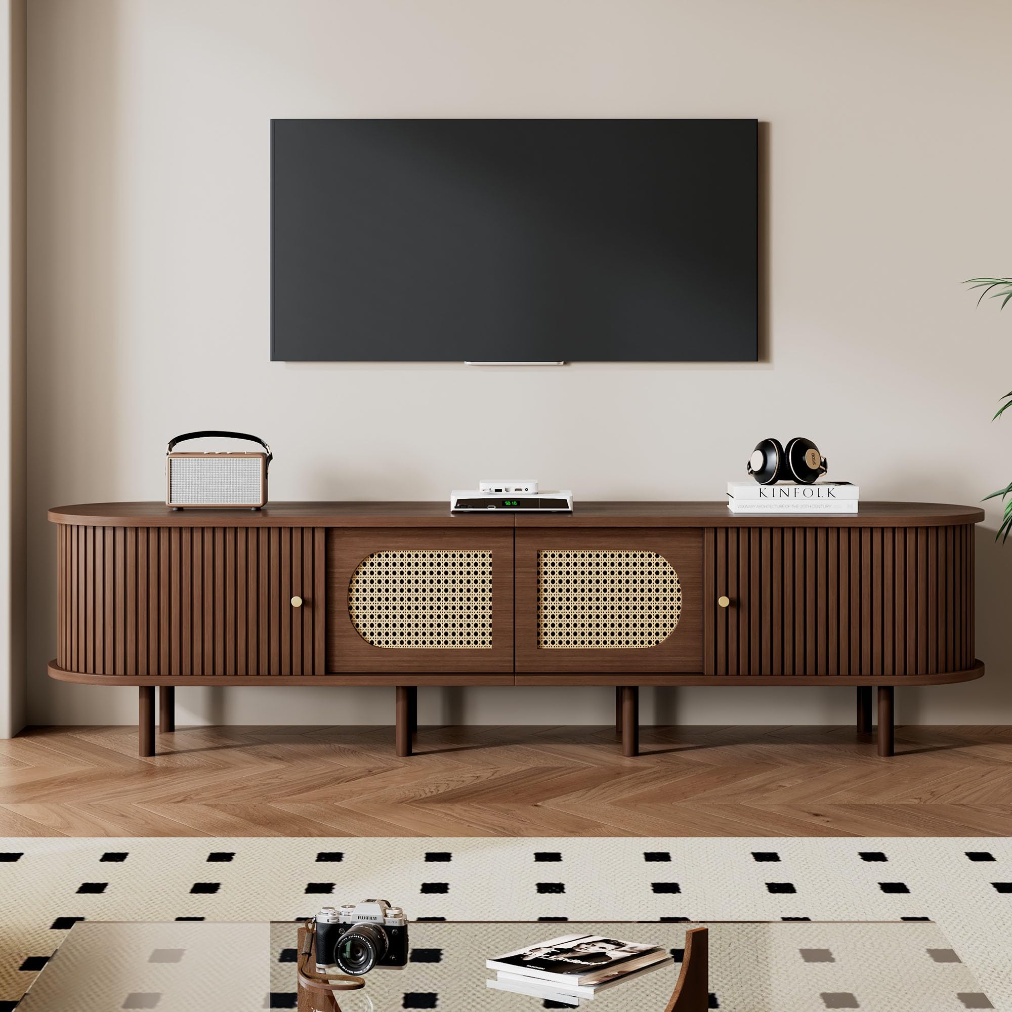 Merax 180cm Oval TV Stand, Dark Walnut TV Unit for TVs up to 80 Inch, Rattan Effect Media Console with 2 Sliding Doors and 2 Cabinet Doors, Wooden Entertainment Centre for Living Room