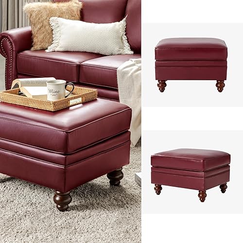 Miniatura 7 de HULALA HOME Mesa de centro otomana de cuero auténtico, reposapiés otomano para sala de estar, borgoña