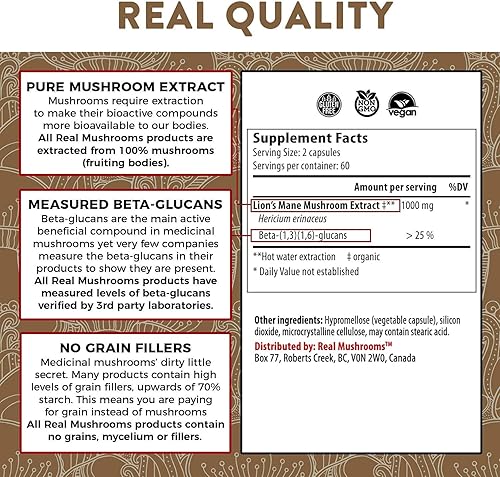 Miniatura 4 de Real Mushrooms RealBoost (60 ct), melena de león (120 quilates), Cordyceps y cola de pavo en polvo y cápsulas - Suplemento de hongos para energía,