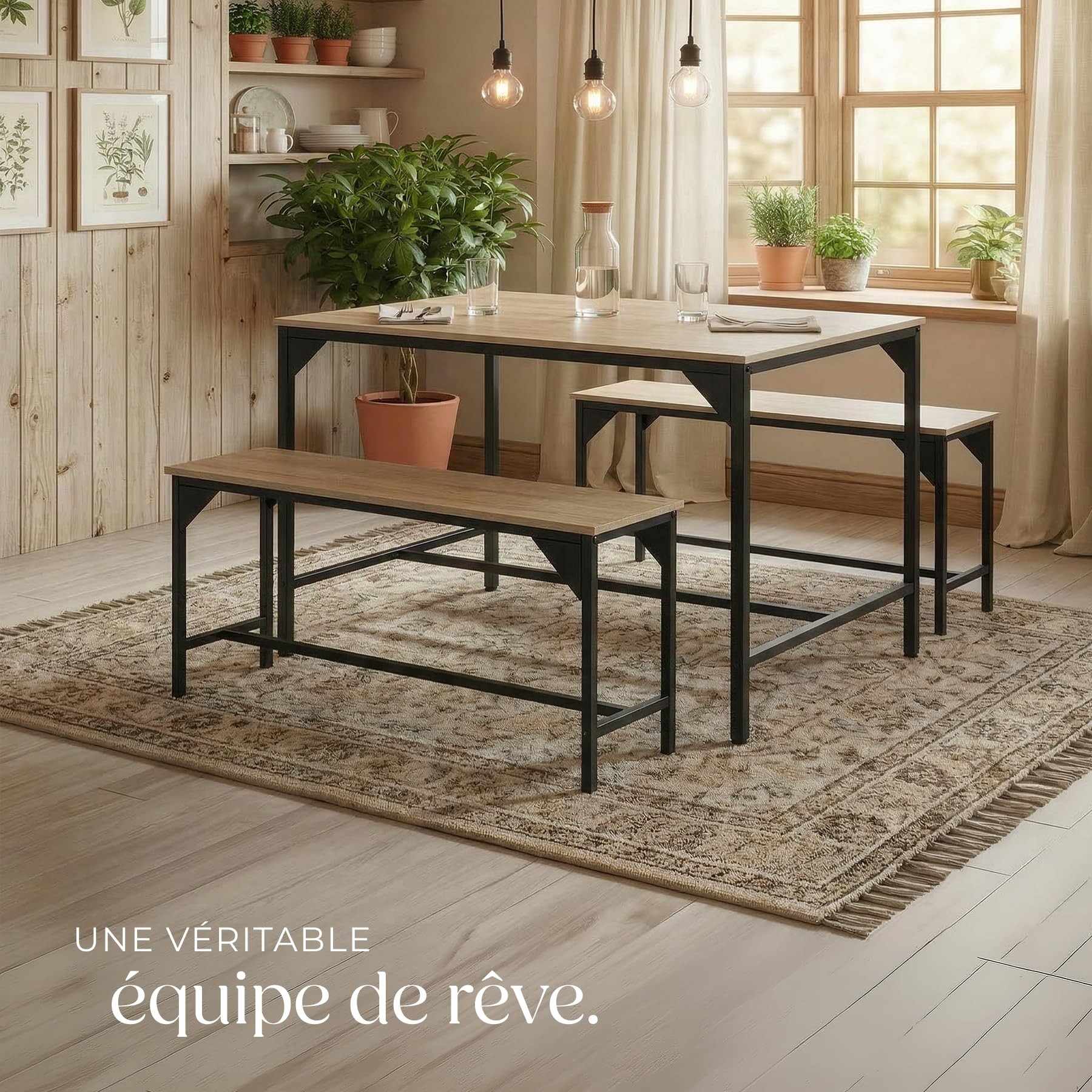 tectake® Ensemble Table et Banc Salle à Manger en Bois et Acier Table de Salle à Manger 2 Bancs Style Industriel Scandinave - Chêne Sonoma/Marron Clair Industriel