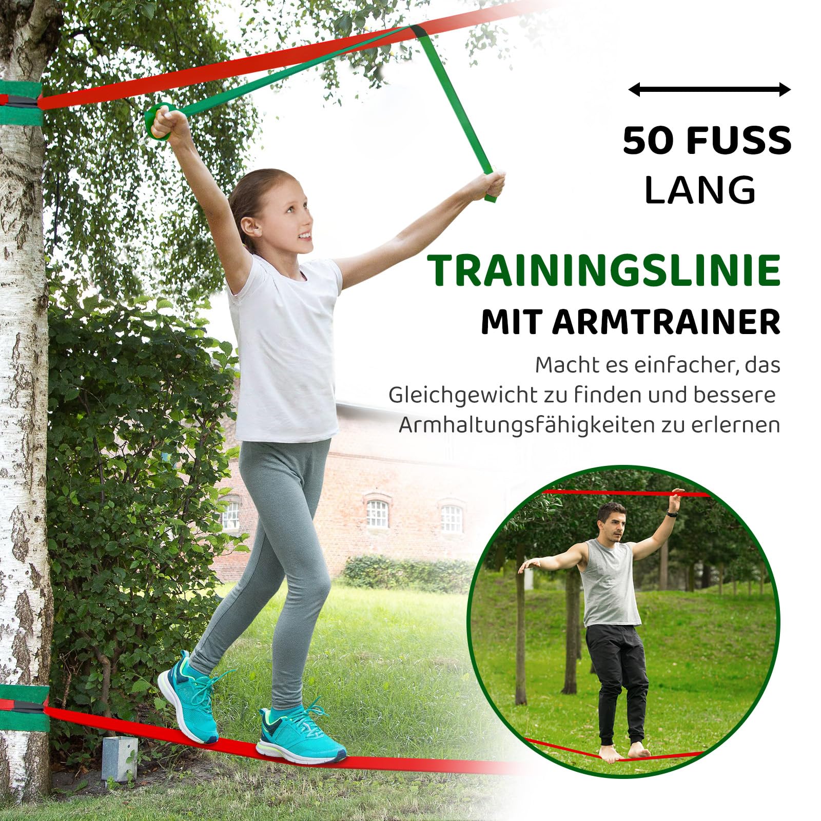 Dripex Slackline, Ninja Slackline Kinder 2×15m und Ninja Warrior Hindernisparcours Garten im Freien,Ninja Parcours Kinder mit Schaukel, Kletterleiter, Kletternetz und Baumschutz, geeignet für Anfänger