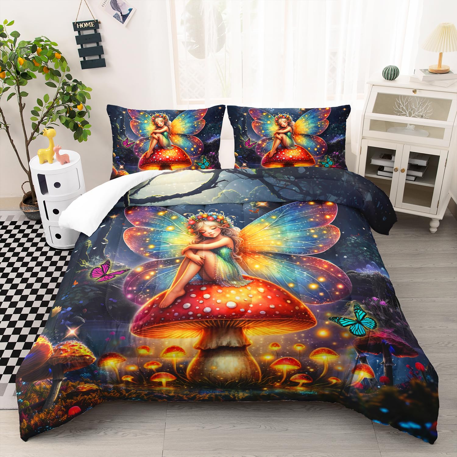 AILONEN Beautiful Fairy Comforter Set Full Size, Butterfly Mushroom Fairy Bedding Set for Kids,Girls,Forest Spirit Duvet Set,3-Pieces, 1 Quilt and 2 Pillowcases,All Season,Soft