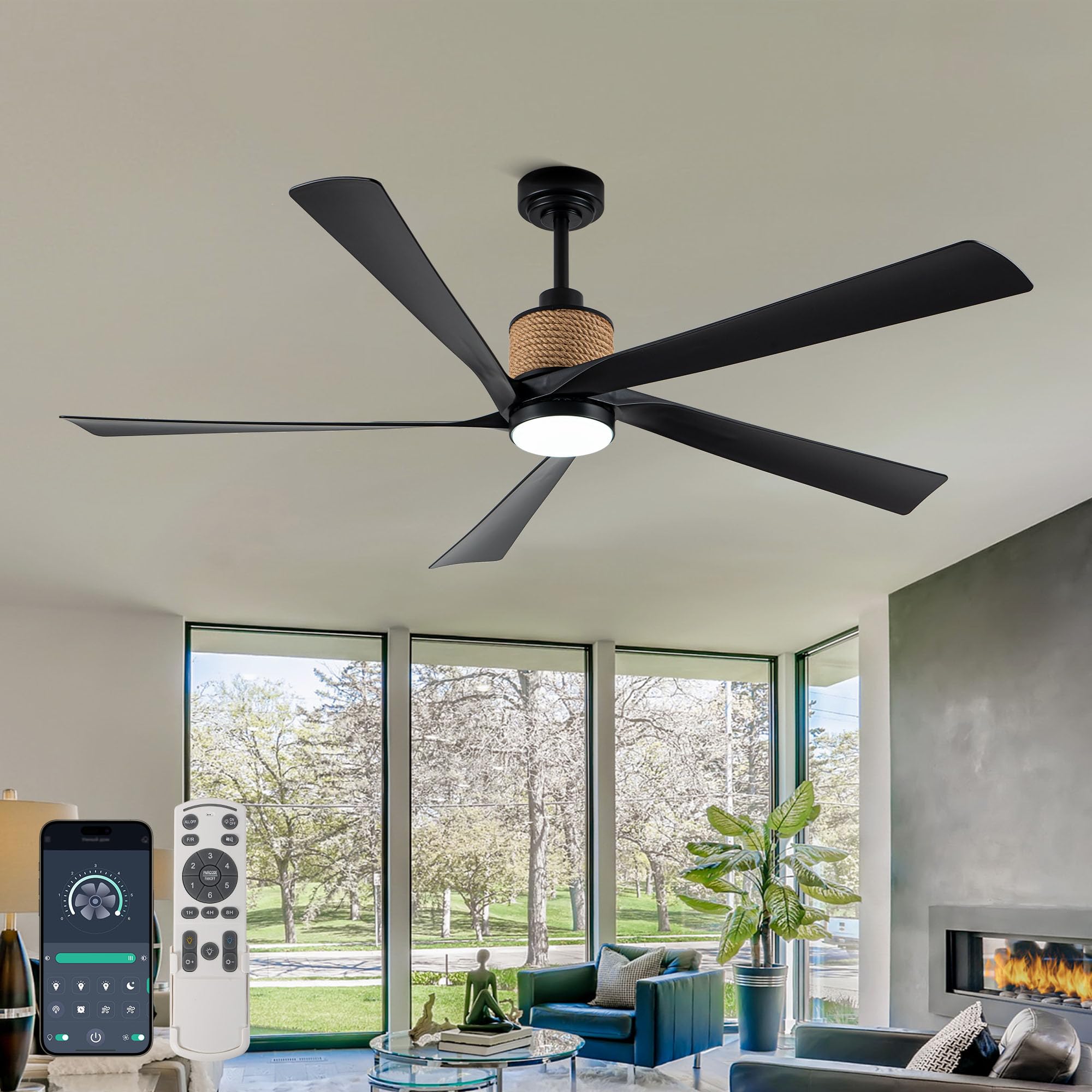 Dawn Whisper 65 Inch Farmhouse Ceiling Fans with Lights and Remote Noiseless Reversible DC Motor Dimmable Black Modern LED Ceiling Fan for Living Room