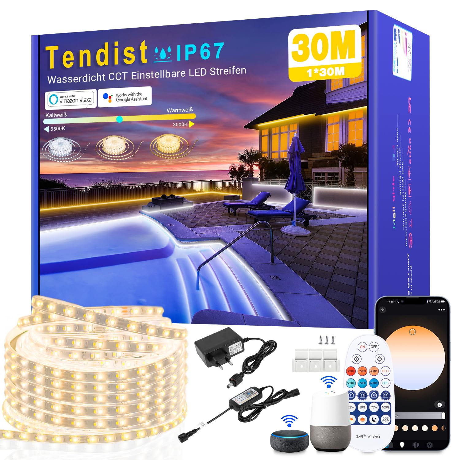LED Streifen Aussenbereich 30M Warmweiss bis Kaltweiß Dimmbar, Outdoor Led Strip Alexa Kompatibel WiFi App & Fernbedienung, 24V LED Streifen IP67 Wasserdicht band Selbstklebend für Küche, Terrassen