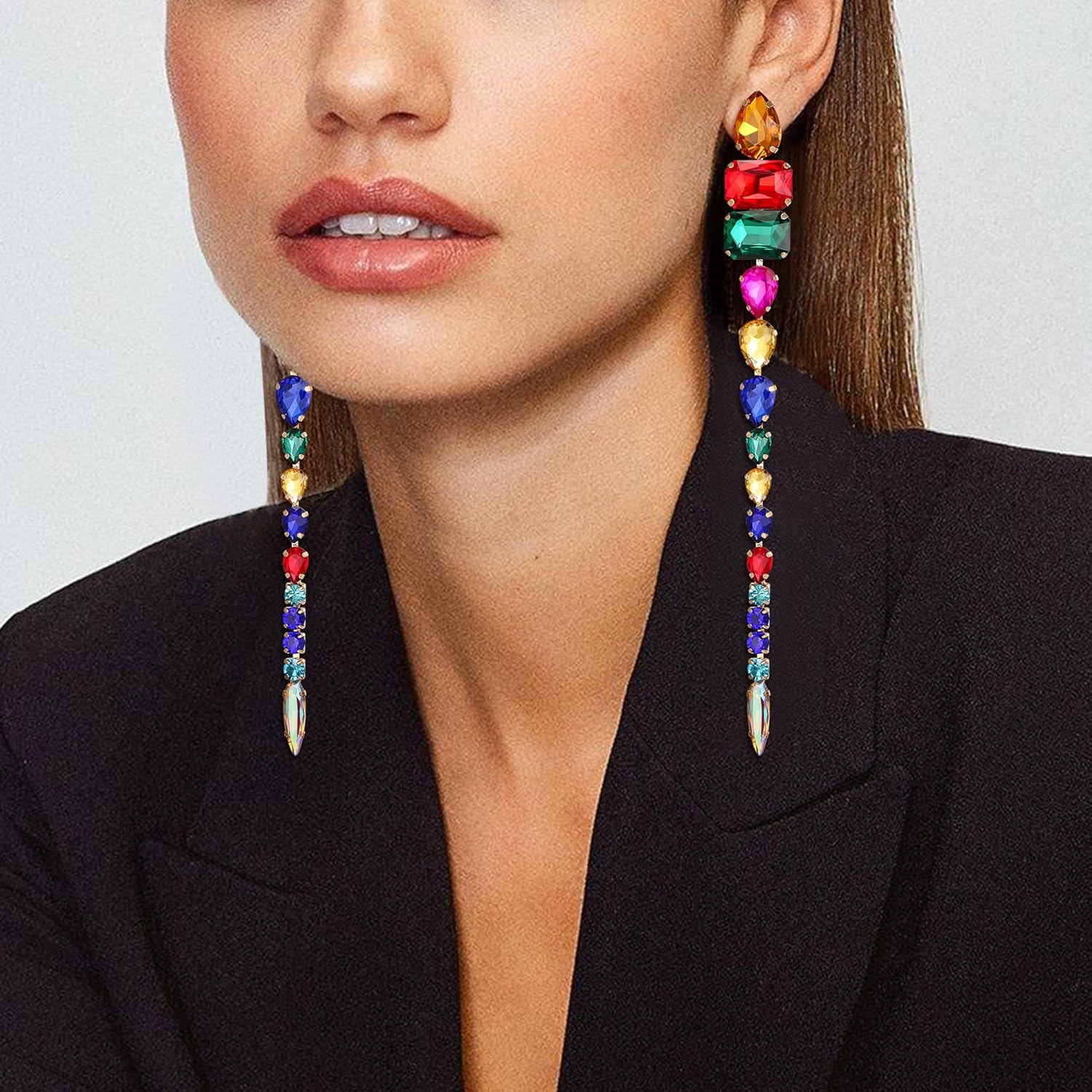 BriLove Women's Stunning Geometric Crystal Rhinestone Emerald Cut Teardrop Long Chandelier Drop Dangle Earrings for Party Prom - Image 2