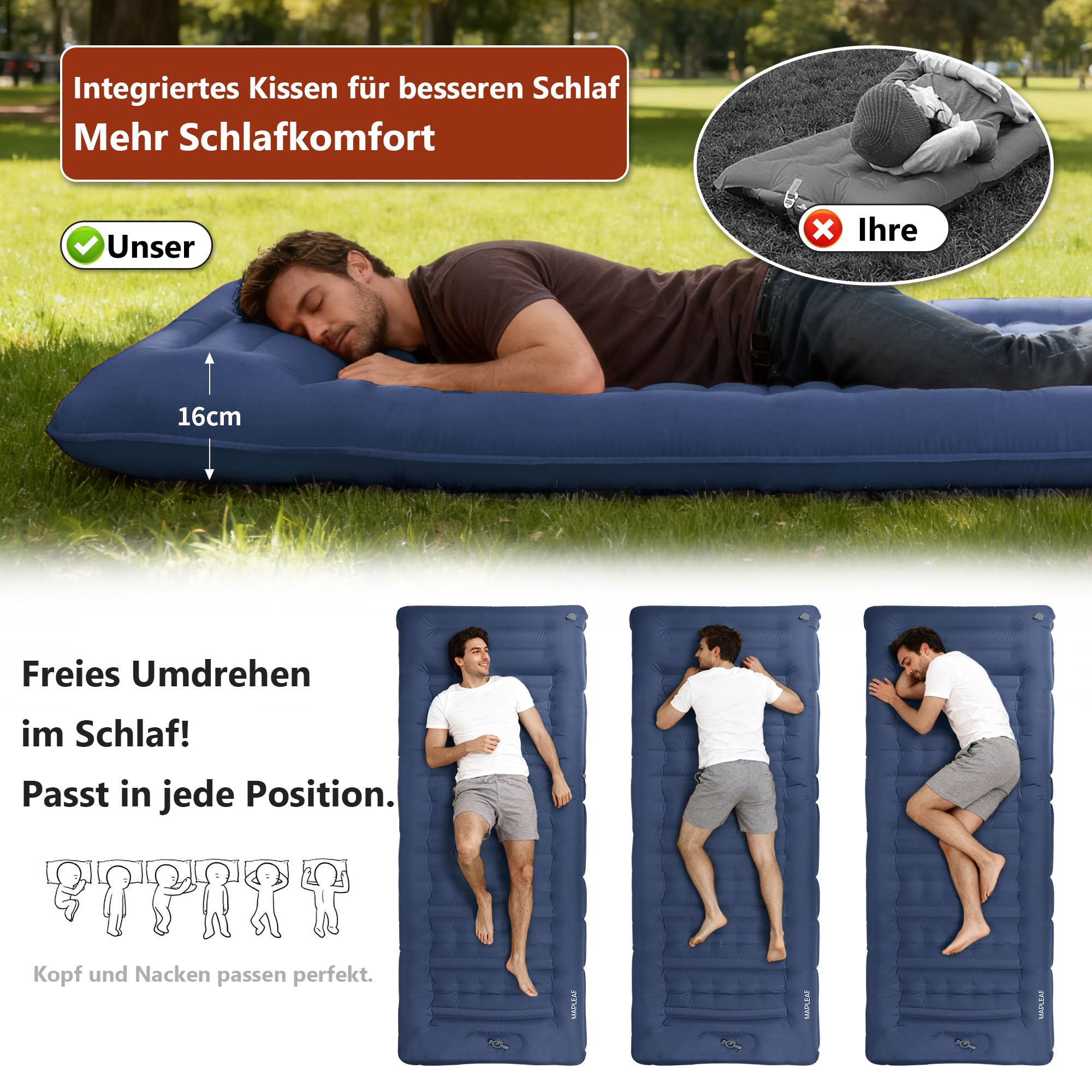 Materac dmuchany, tryb nożny, 12 cm grubości, na kemping, do spania w samochodzie, ochrona przed katastrofami, gruby z poduszką, ultralekki, kompaktowy, wodoszczelny, do wspinaczki górskiej
