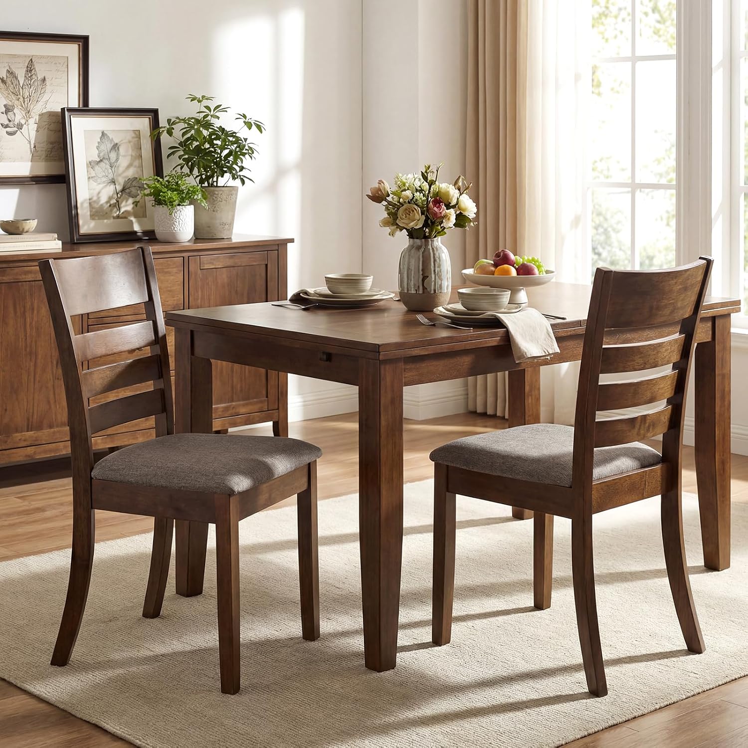 Giantex Wooden Dining Chairs Set of 4, Upholstered Kitchen Chair w/Rubber Wood Frame, Curved Slatted Backrest & Wide Padded Seat, Modern Dining Room Chairs for Living Room, Restaurant, Brown