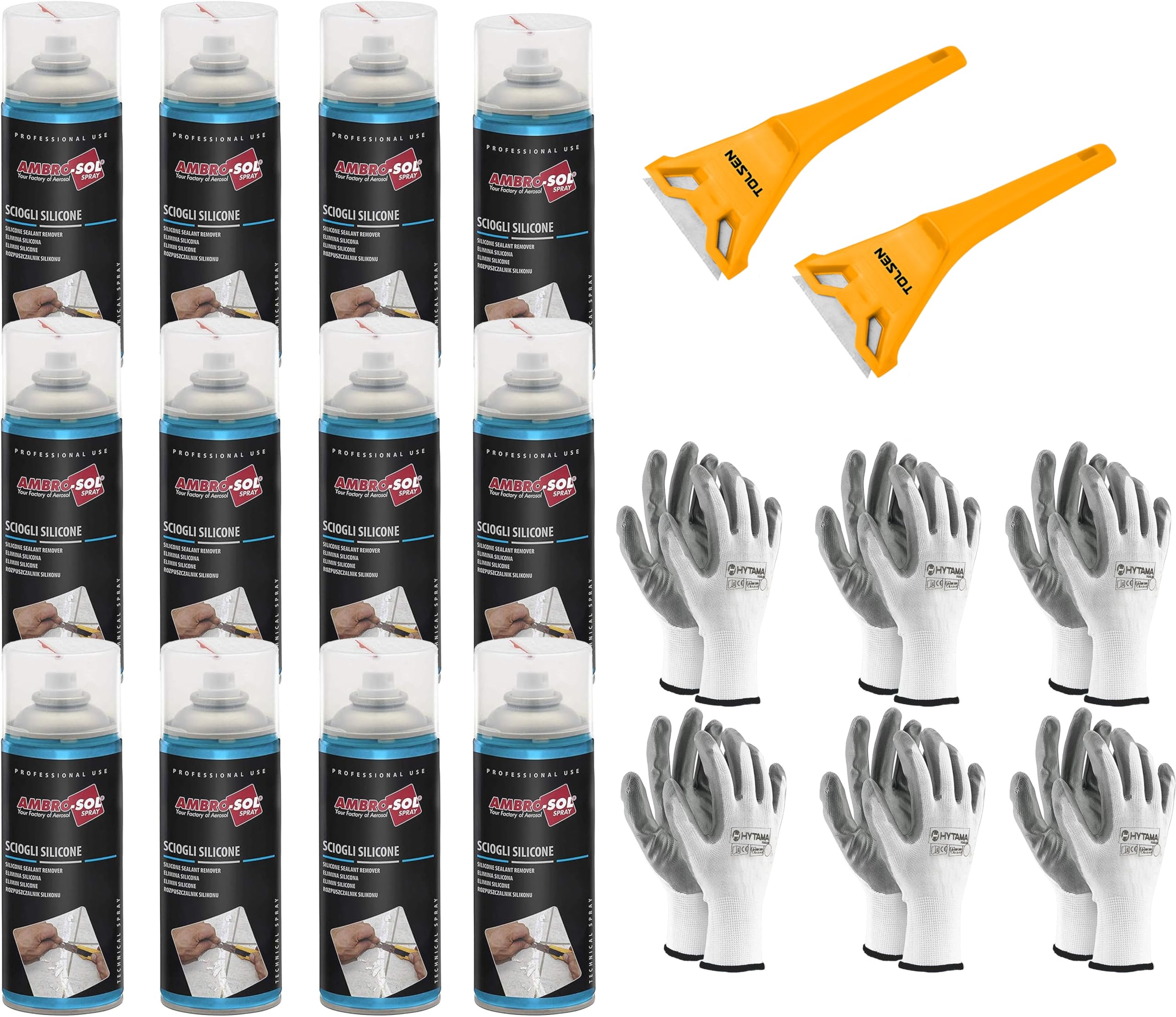 Disuelve silicona, elimina la silicona y los residuos relativos sin agredir las superficies y sin opacarlas, actúa rápidamente, spray 12 x 400 ml + 2 rascadores + 6 guantes de regalo