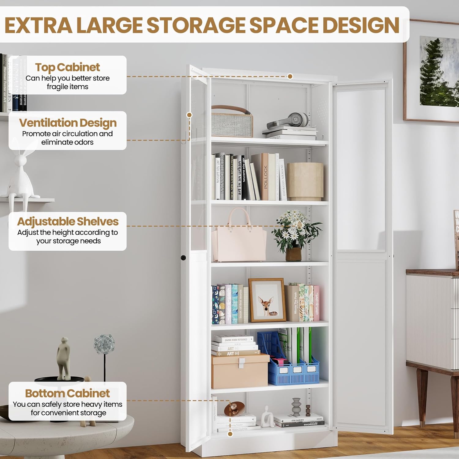 Kitchen Pantry Storage Cabinet, 72" H Storage Cabinet with Doors and Adjustable Shelves, Spacious Cupboard with 2 Handles, Metal Kitchen Cabinet for Dining Room, Living Room, White