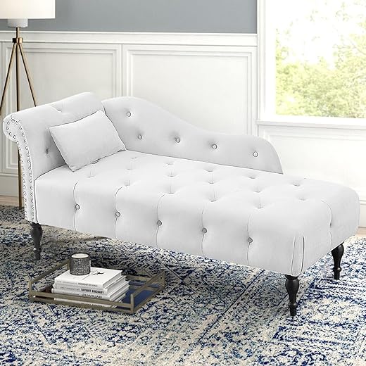 Holaki Velvet Chaise Lounge,Indoor Accent Chaise Chair with Pillow,Button Tufted Right Arm Facing Lounge Chair with Nailhead Trim & Solid Wood Legs,Modern Sleeper Sofa for Living Room (White)