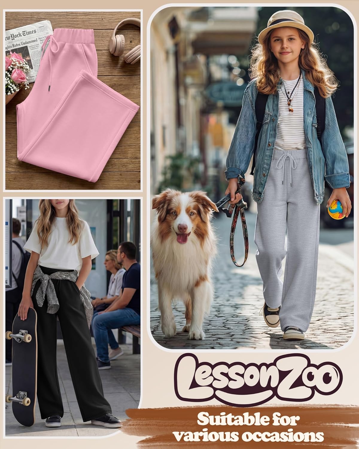 3 Pack Girls Wide Leg Sweatpants Kids Drawstring High Waist Baggy Pants Teen Athletic Trousers with Pockets - Image 4