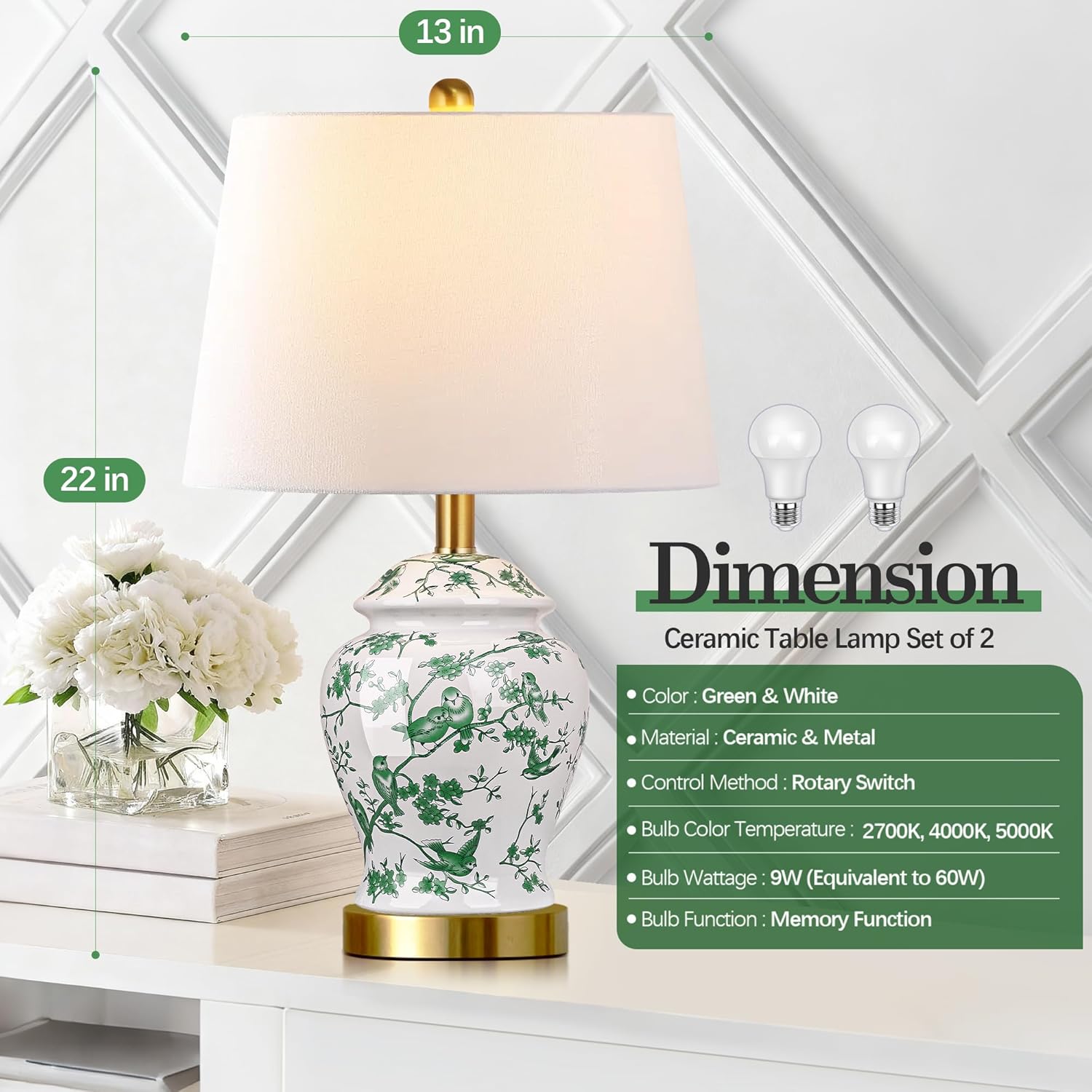 QiMH Chinoiserie Ceramic Table Lamps Set of 2 for Living Room, Vintage Traditional Bedside Lamps for Nightstands, 22" Large Green and White Table Lamp for Bedroom Cottage, Gold(LED Bulbs Included)