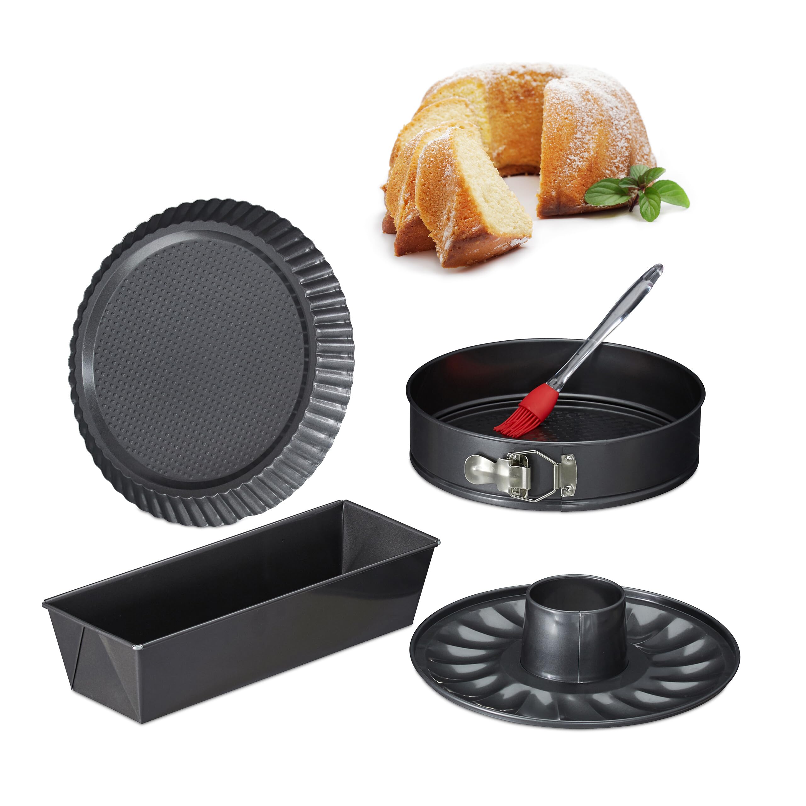 Relaxdays Cake Tin Set of 5, 26cm Springform Pan with Gugelhopf Insert, Loaf Tin, Flan Tin, Baking Brush, Steel, Anthrac