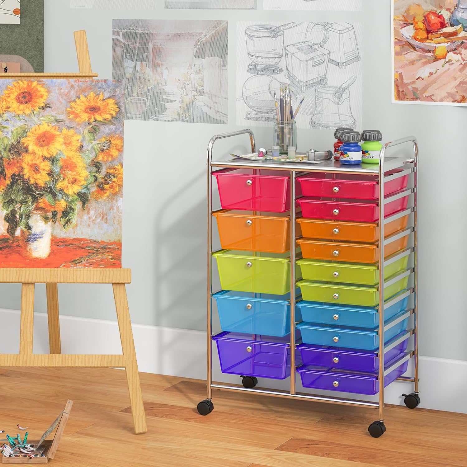 Giantex 15 Drawer Rolling Cart with Drawers, Storage Organizer Cart for Classroom Office School Teacher, Mobile Drawer Cart for Tools, Crafts, Small Printer, Paper (Clear Red+Orange+Green+Blue+Purple)