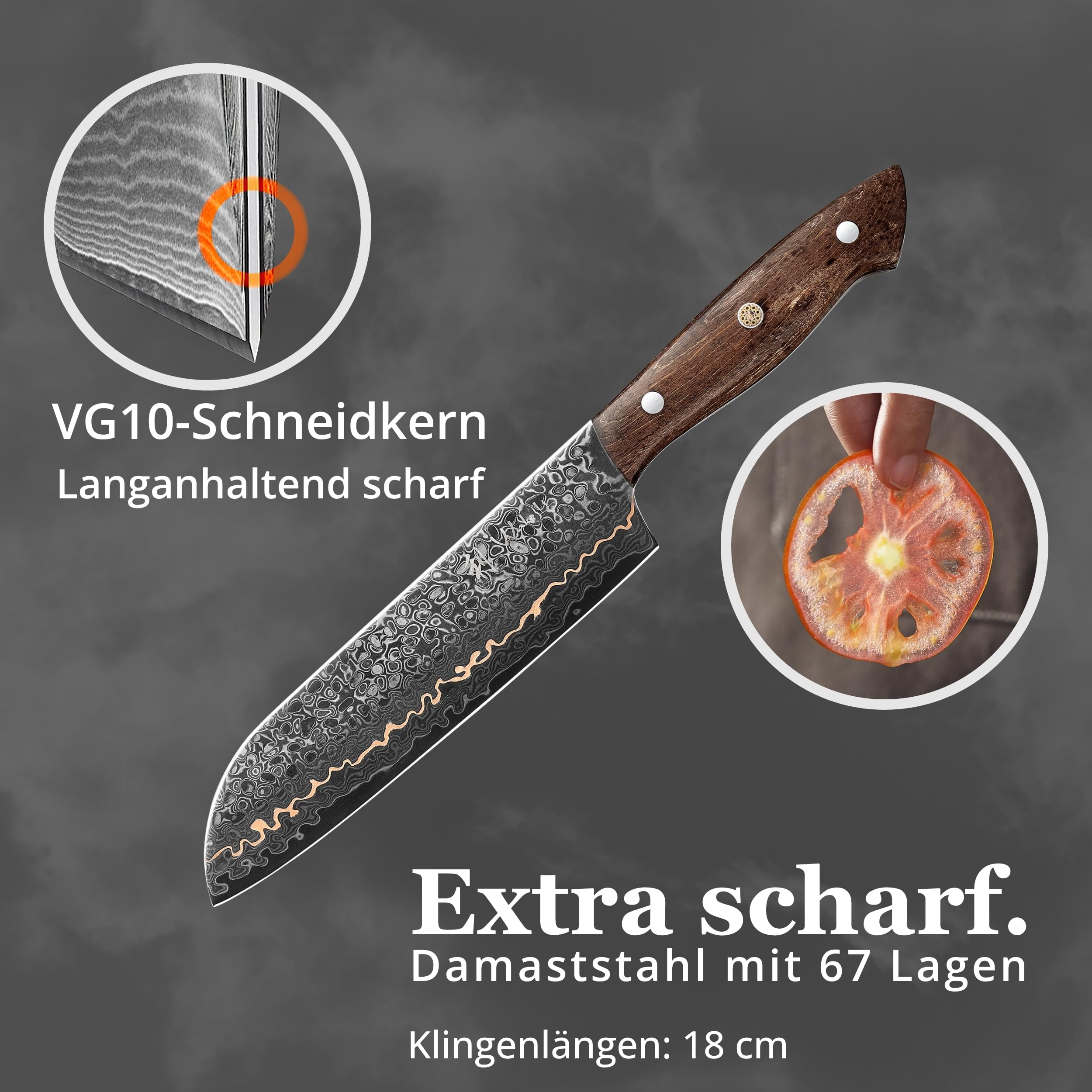 Wakoli Kawa Santokumesser 18 cm, 67 Lagen Damaststahl, VG10 Kern, Full Tang
