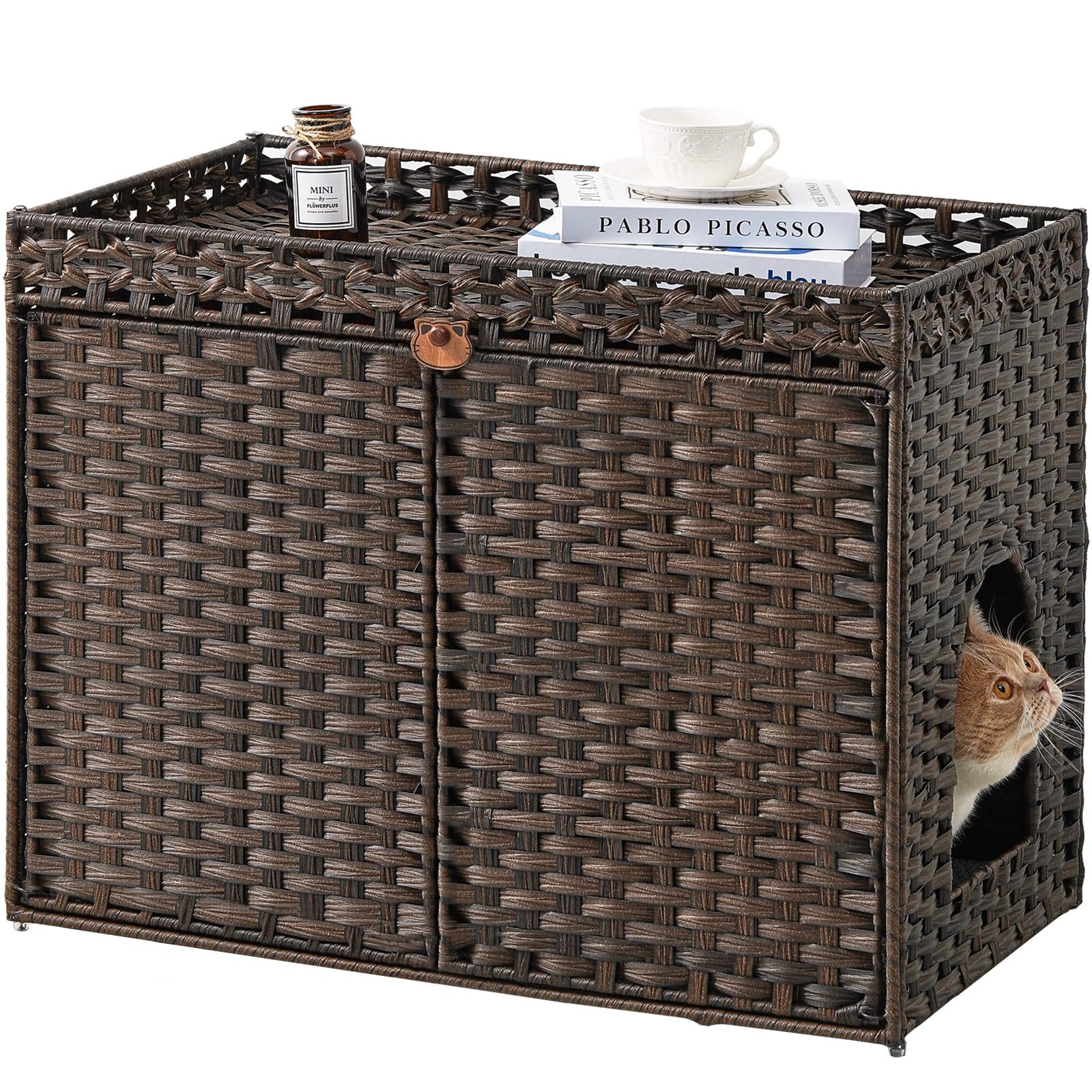 SETVSON Cat Litter Box Enclosure Furniture, Handwoven Rattan Hidden Litter Box with Mat, Large Space Cat House with 2 S-Shaped Hooks, 30.3 x 18.3 x 24.4 Inches, Indoor for Living Room Apartment Brown