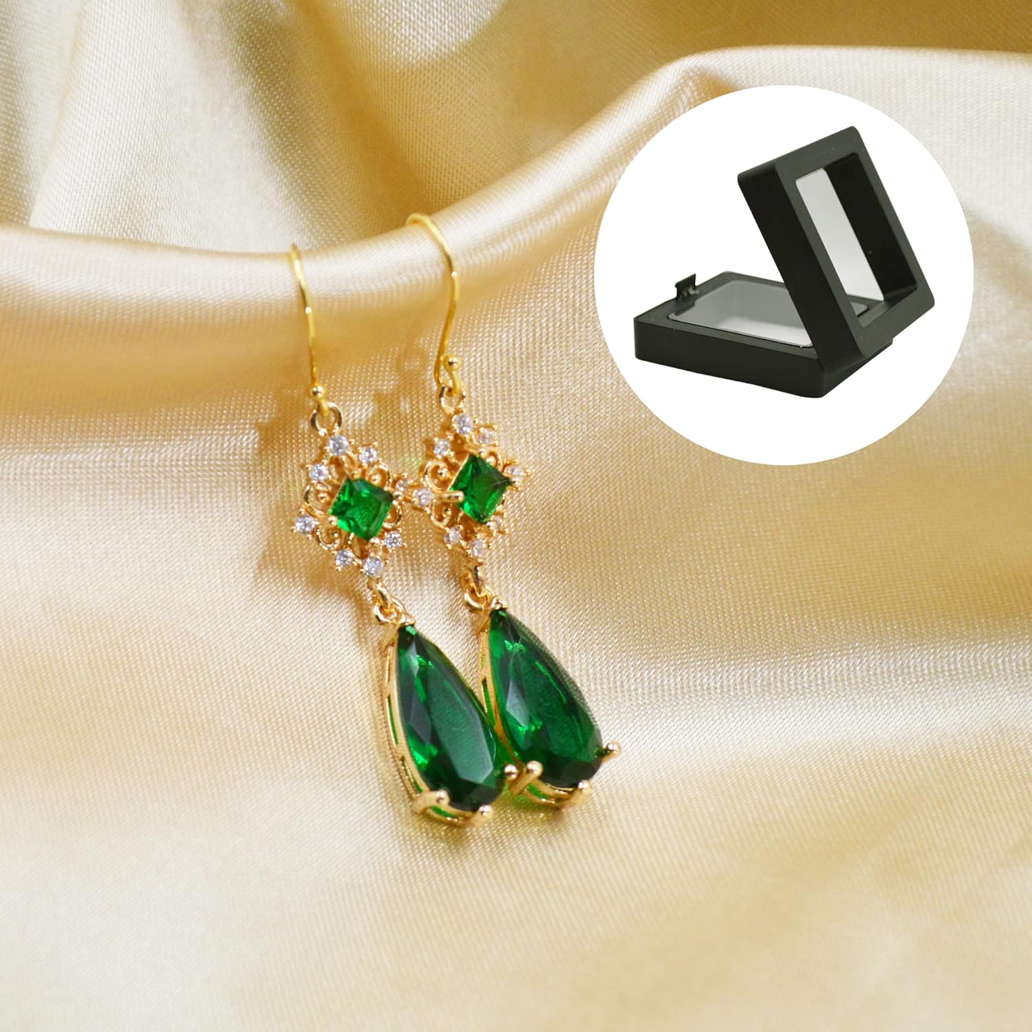 MOMOCAT 18K Gold Plated Vintage Emerald Green and Gold Hanging Earings Statement Earingings Dangling Formal Chandelier Fancy Dangle Earring Jewelry Hypoallergenic Long Fashion Earrings Aesthetic for - Image 3