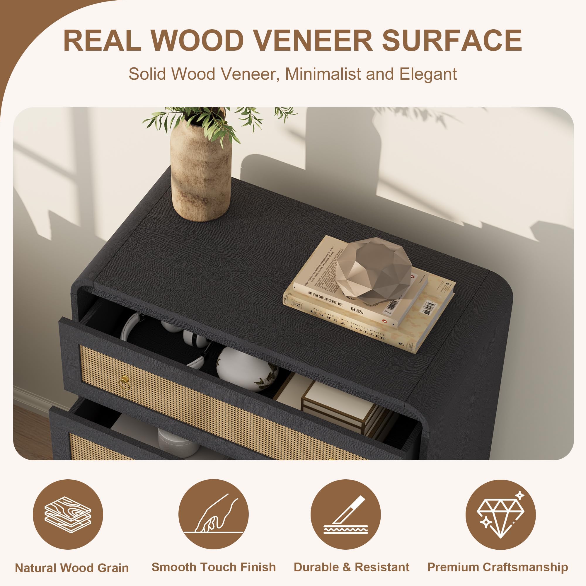 Garvee Cassettiera 5 cassetti in legno con frontali in rattan - Design moderno boho - Angoli arrotondati - 79 cm (31'') altezza - Camera da letto/Soggiorno/Ingresso - Colore: Nero goffrato con rattan