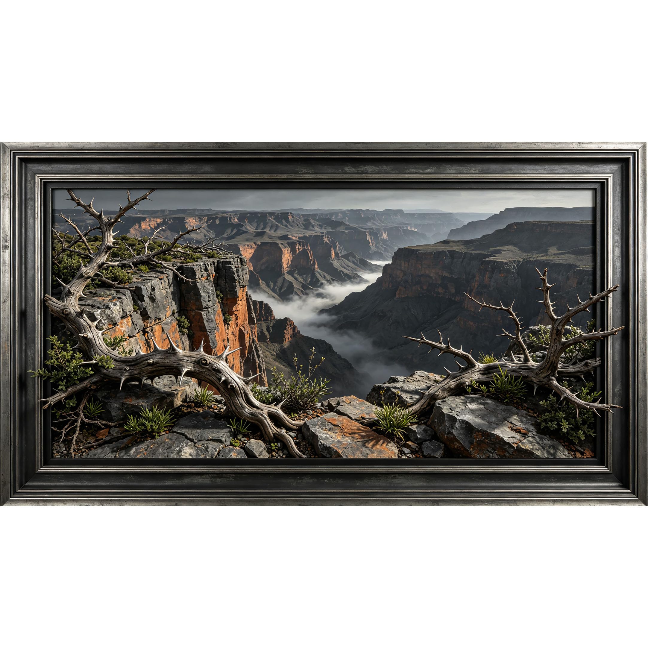 QZLITHOTIC 50x90cm3D Framed Wall Art， Mountain Canyon Landscape SelfAdhesive Mural， WaterActivated Peel & Stick Fabric Decor Wall Decal for Bedroom Living Room
