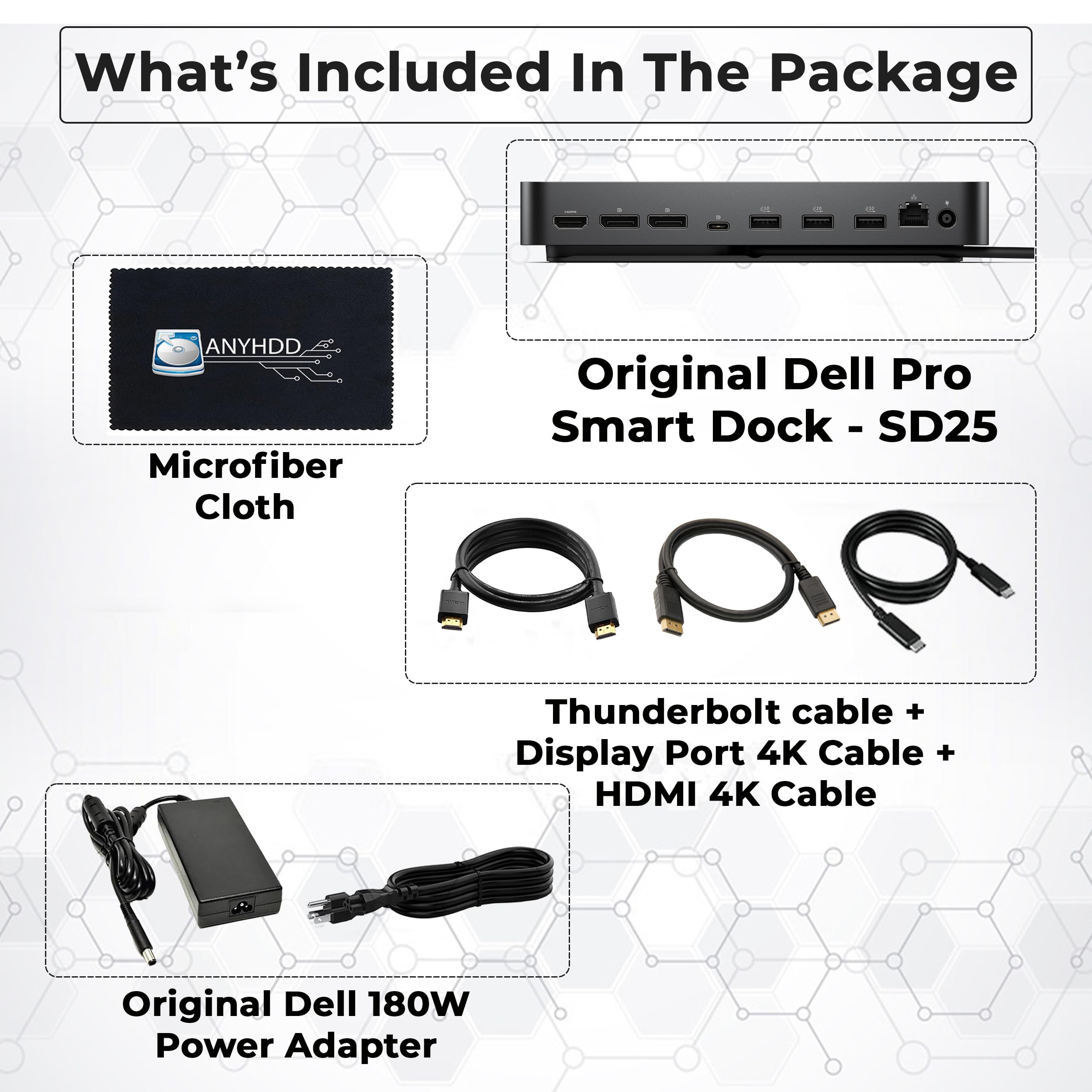 Dell SD25 Dock Bundle - 10Gbps, 3 Year Warranty with 180W Adapter + HDMI + DisplayPort Cable + C to C Cable + Cloth - Dell Docking Station, Supports Dual/Triple Monitors & 4K Displays