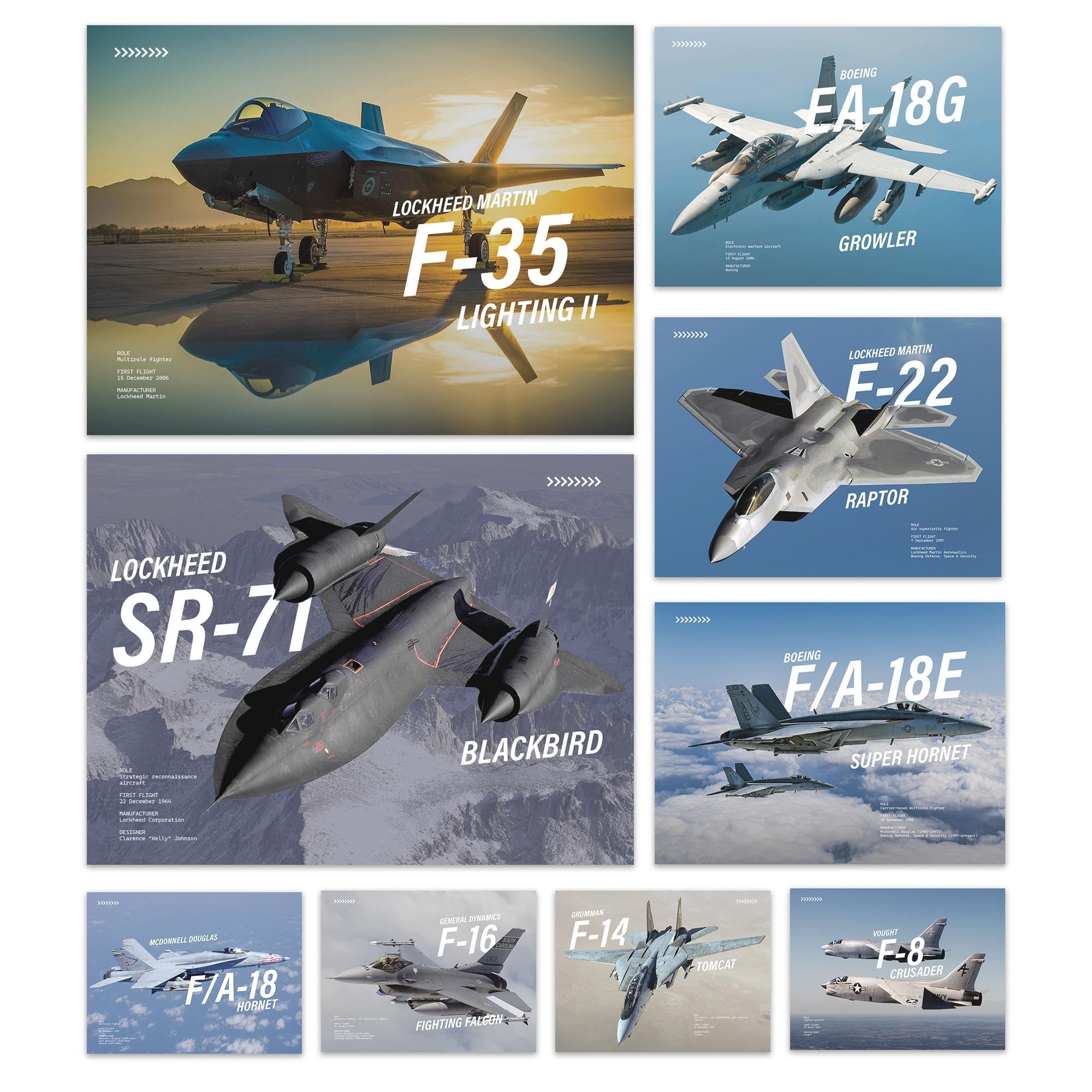 Wallbuddy Military Jets Plane Wall Art Set of 9 Posters | Unframed Airplane Decorations for Boys Room | Military Aircraft Wall Decor Patriotic | Aviation Art Fighter Jets (12X16 inches)