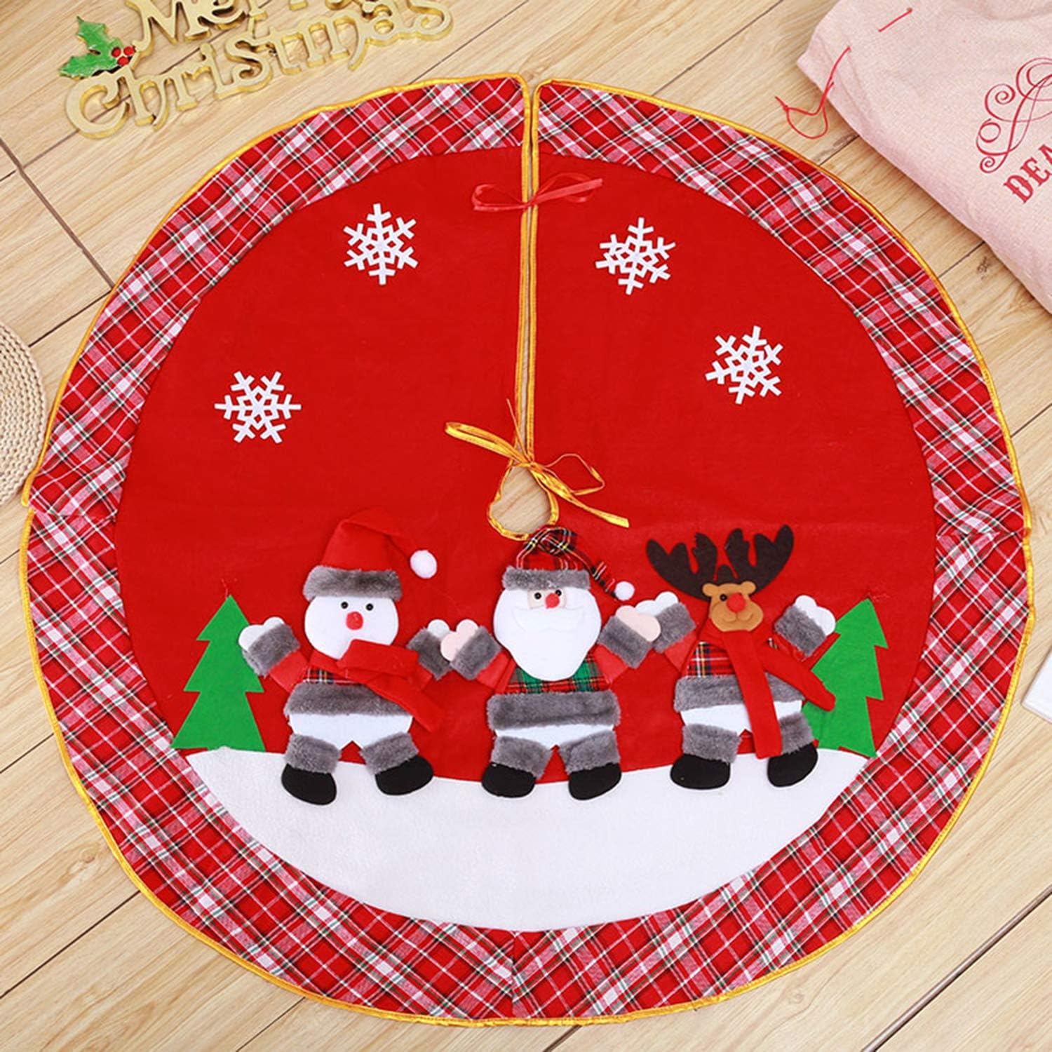 Red Christmas Tree Skirt with Plaid Edge,3D Snowman Santa